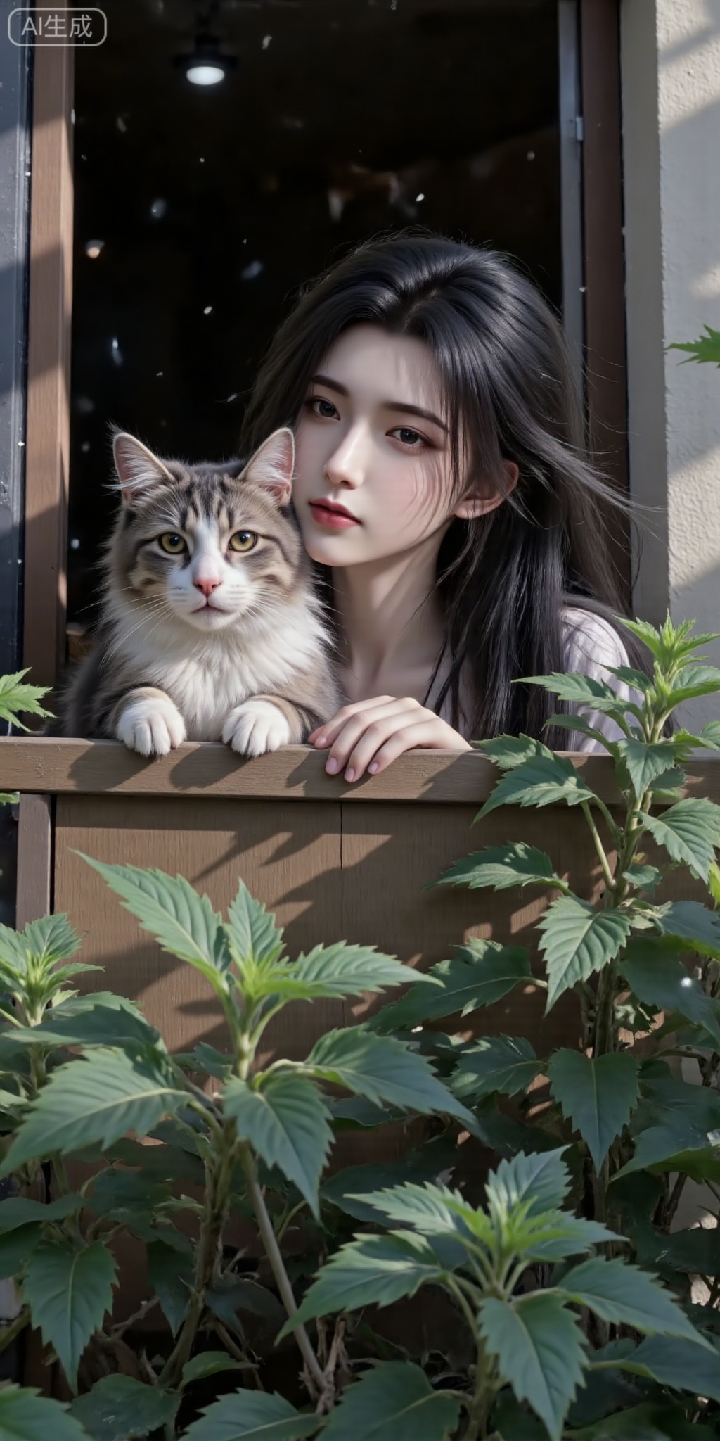 A film photo full of Japanese atmosphere of "Little Forest". The camera was taken up, and the young and beautiful girl poked her head out of the balcony covered with green plants, with long black straight hair showing a messy beauty in the breeze. A cat next to him was also curious about protruding his head to add agility. The 4800K soft sunlight in summer sprinkles on your face, and the shadows of trees are mottled and intertwined with Rembrandt light, outlining the three-dimensional outline of the face. Fujifilm's unique blues base and overexposure treatment create a blurred texture of large particles. Close-up of the close-up of the camera, the eyes shine brightly, and the overall picture is filled with the lazy atmosphere of summer and retro nostalgia, as if it freezes a glittering moment in the memory of youth.,Black pantyhose,LXQI