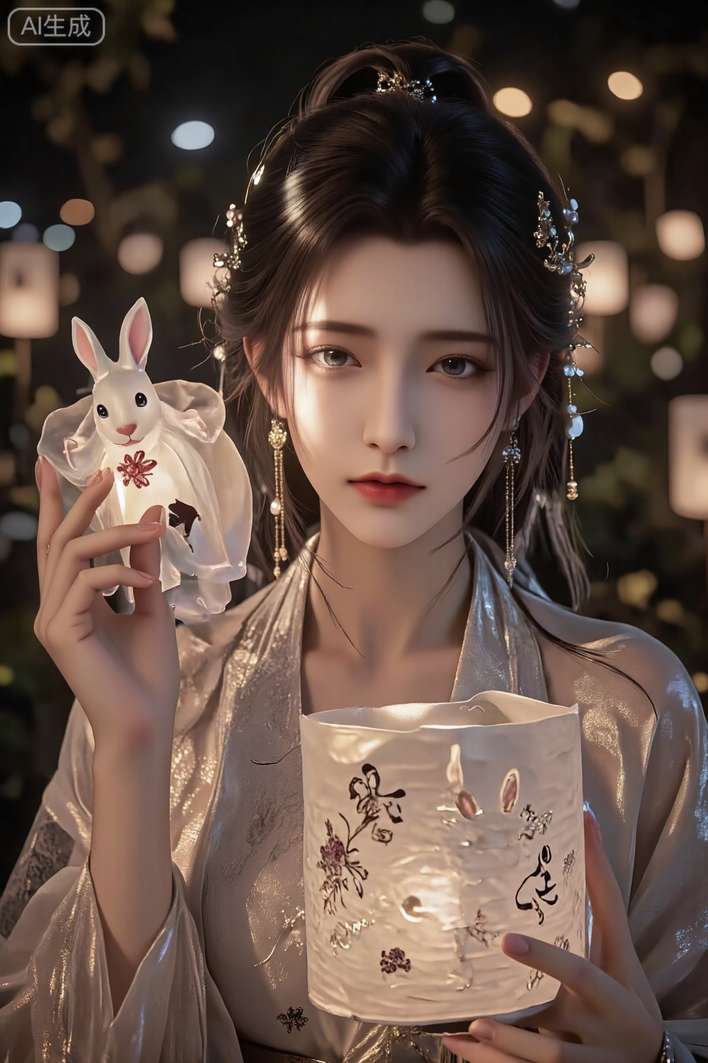 A young Chinese woman,alone,short hair,Close-up,1girl,Without wearing any clothing,half body unbuttoned buttonabsurdres, Japanese kimono, ,holding a traditional paper lantern,rabbit-themed lantern,traditional clothing,Hanfu,white blouse,intricate embroidery,wooden hair sticks,tied hair,serene expression,low-light setting,warm illumination,lantern festival,blurred bokeh background,nighttime,cultural celebration,medium shot,focus on person,soft lighting,festive atmosphere,gentle smile,traditional Chinese attire,festive night,decorative accessories,calm background,subtle makeup,candid moment,cultural heritage,festive lights,Chinese New Year,depth of field,delicate craftsmanship,handheld lantern,cultural tradition,peaceful ambiance,traditional festival attire,celebration of light.,LXQI