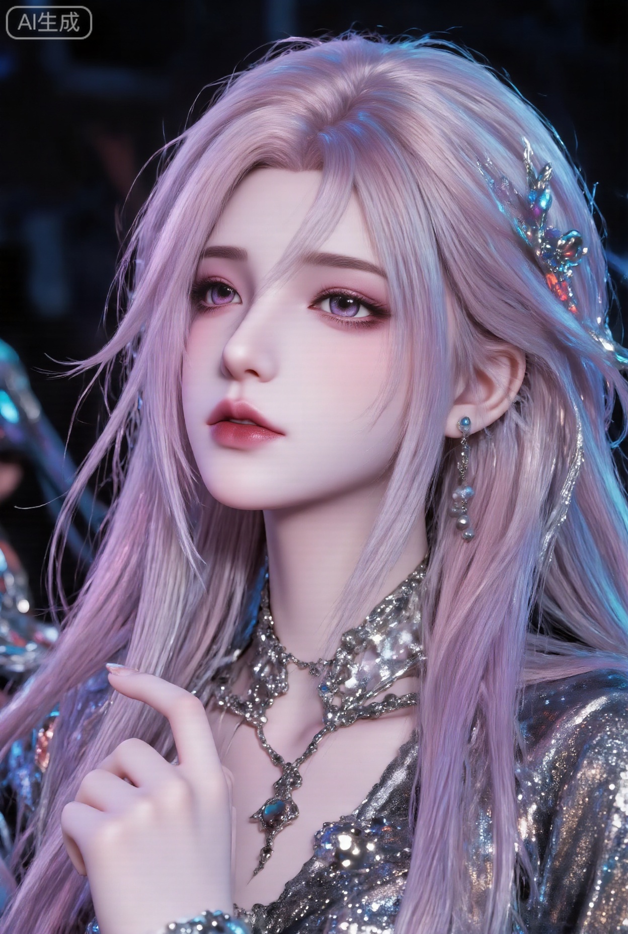 1girl, solo, long hair, looking at viewer,Blue and pink gradient hair,, jewelry, earrings, necklace, lips,  realistic,LXQI