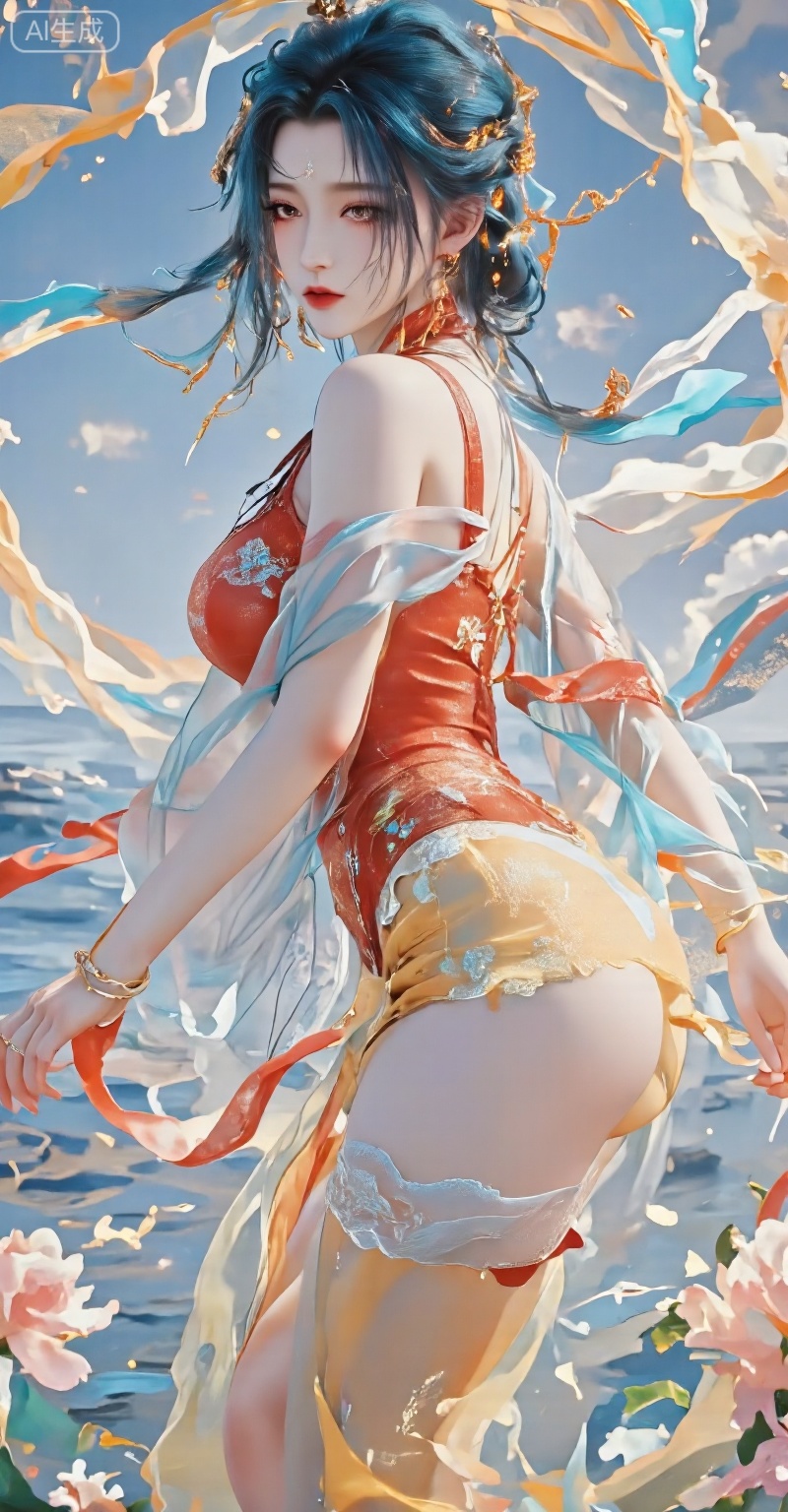 Hd wallpapers, 1 girl, underwear, big butt, huge butt, yellow panties, tulle, lace lace, Perspective, breasts, bra, jewelry, solo, Look back, bracelet, look at the audience, Long hair, red bra, red sexy underwear, Big breasts, rings, water, from behind, outdoor, underwear, earrings, day, lips, thighs, bent over, bare shoulders, Lace decoration, face marks, wallpaper, blue hair, eyeshadow, colorful pupils, suspenders, outdoor, blue sky, White clouds, flowers,bihua,shinv,1girl,1girl,LXQI