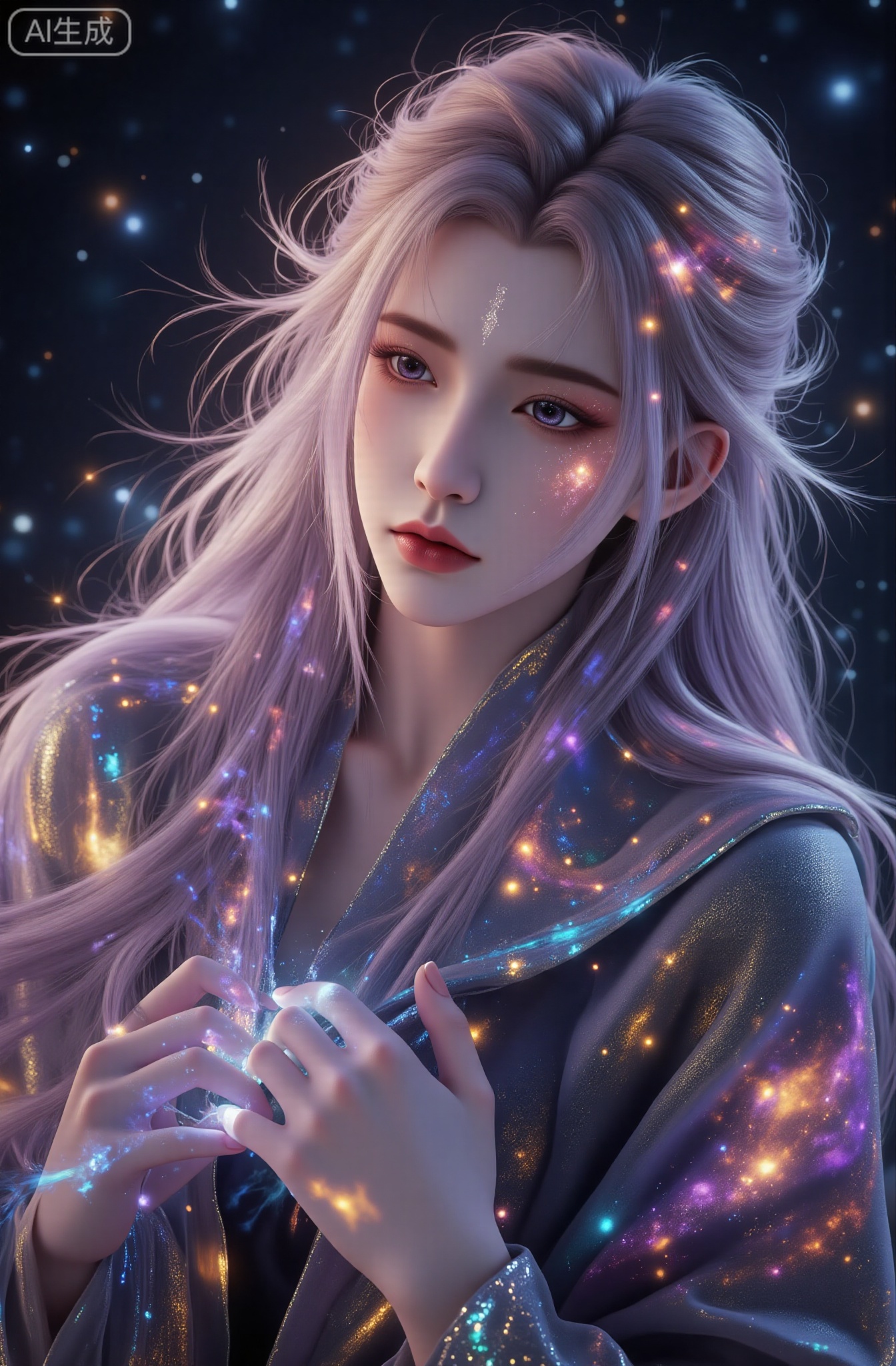 The cosmic creature, the goddess, is an awe-inspiring divine figure intertwined with perfect character traits. Her skin has a subtle sheen that reflects the colors of the universe, as if she herself were made of stars and cosmic dust
Eyes: Her eyes are deep and bright, with what appears to be a moving constellation on the iris. Looking at them you can see past, present and future intertwined
Hair: Her hair is as long and flowing as a starry night, with colorful nebulae and scattered starlight, as if stars are wandering inside her body
Costume: Halia wears a cloak made of spiral galaxies and nebulae, constantly shifting like space. Her robe symbolizes the vastness and order of the universe she replicates, and the stars around her glow and disappear. Rep depicts the creation and destruction of the universe.
Aura: There is a majestic and calm energy surrounding you that inspires respect in those who approach it. With just a touch, you can calm a starburst or rearrange missing stars in the sky,LXQI