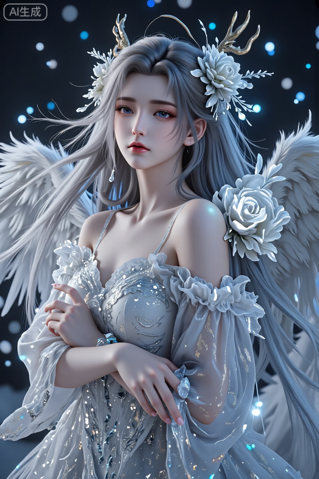 masterpiece, best quality, ultra-detailed, detailed pupils, photography, pale, realistic skin texture, stunning details, full body, full length shot,1girl,solo:1.4,BREAK white_angel with white further wing, light halo,white tone color,BREAK black_angel with black further wing,dark halo,black tone color,solo, (((((split theme))))), ymmetry:1.3, upper body,cleavage,off shoulder,hair flower, off-shoulder dress, puffy long sleeves, puffy sleeves, rose petals,mandala,chaos,Radial, streamlined,fractal art,art design,burst,Heterochromatic pupil,fantasy anime standing painting style,, dragon, antlers, pillar, eastern dragon, full body, long legs, good figure, real photos, cinematic, high quality, studio lighting,HD, 32k, best quality, 8k, super clean,LXQI