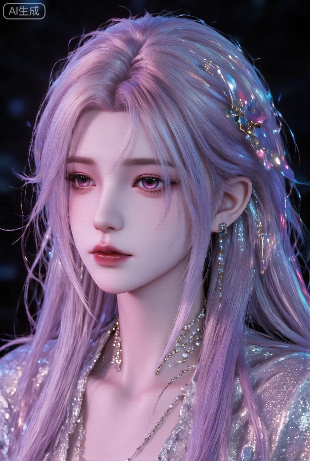 1girl, solo, long hair, looking at viewer,Blue and pink gradient hair,, jewelry, earrings, necklace, lips,  realistic,LXQI