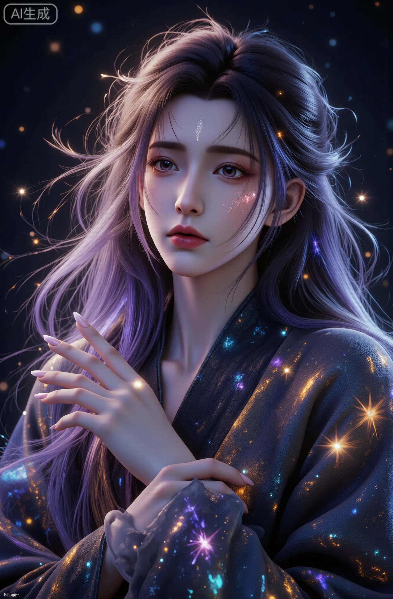 The cosmic creature, the goddess, is an awe-inspiring divine figure intertwined with perfect character traits. Her skin has a subtle sheen that reflects the colors of the universe, as if she herself were made of stars and cosmic dust
Eyes: Her eyes are deep and bright, with what appears to be a moving constellation on the iris. Looking at them you can see past, present and future intertwined
Hair: Her hair is as long and flowing as a starry night, with colorful nebulae and scattered starlight, as if stars are wandering inside her body
Costume: Halia wears a cloak made of spiral galaxies and nebulae, constantly shifting like space. Her robe symbolizes the vastness and order of the universe she replicates, and the stars around her glow and disappear. Rep depicts the creation and destruction of the universe.
Aura: There is a majestic and calm energy surrounding you that inspires respect in those who approach it. With just a touch, you can calm a starburst or rearrange missing stars in the sky,LXQI