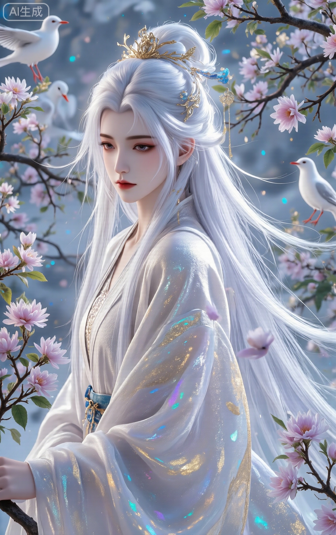 solo, long hair, long sleeves, 1girl, very long hair, standing, flower, white hair, male focus, profile, bird, chinese clothes, half updo, robe, branch, hanfu,chjianzhi,jinghongzy,huaxiangr,LXQI