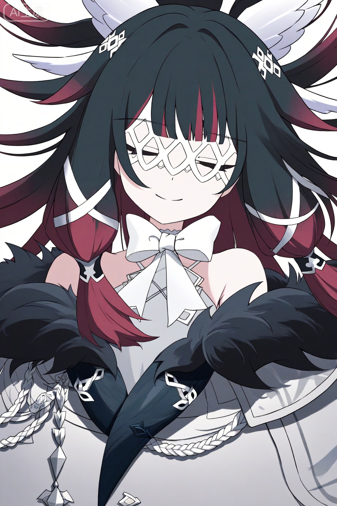 Columbina\(genshin impact\), 1girl, closed eyes, solo, multicolored hair, black hair, fur trim, eye mask, smile, long hair, fur-trimmed coat, bow, coat, red hair, upper body, closed mouth, white mask, hair ornament, white bow, two-tone hair, white coat, bowtie, sleeveless, facing viewer, sidelocks, off shoulder, bare shoulders, gradient hair, ribbon, white background, simple background, wings, dress, head wings