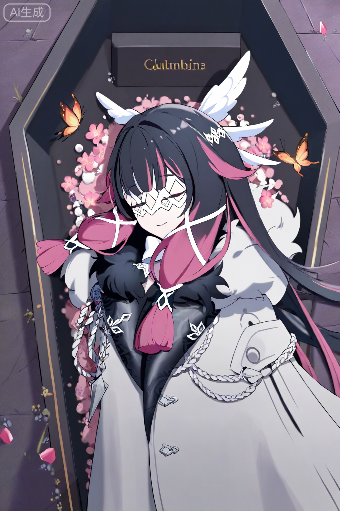 Columbina\(genshin impact\),1girl,solo,black hair,multicolored hair,eye mask,fur trim,long hair,coffin,coat,butterfly,bug,wings,fur-trimmed coat,hair ornament,pink hair,white coat,closed eyes,streaked hair,two-tone hair,smile,