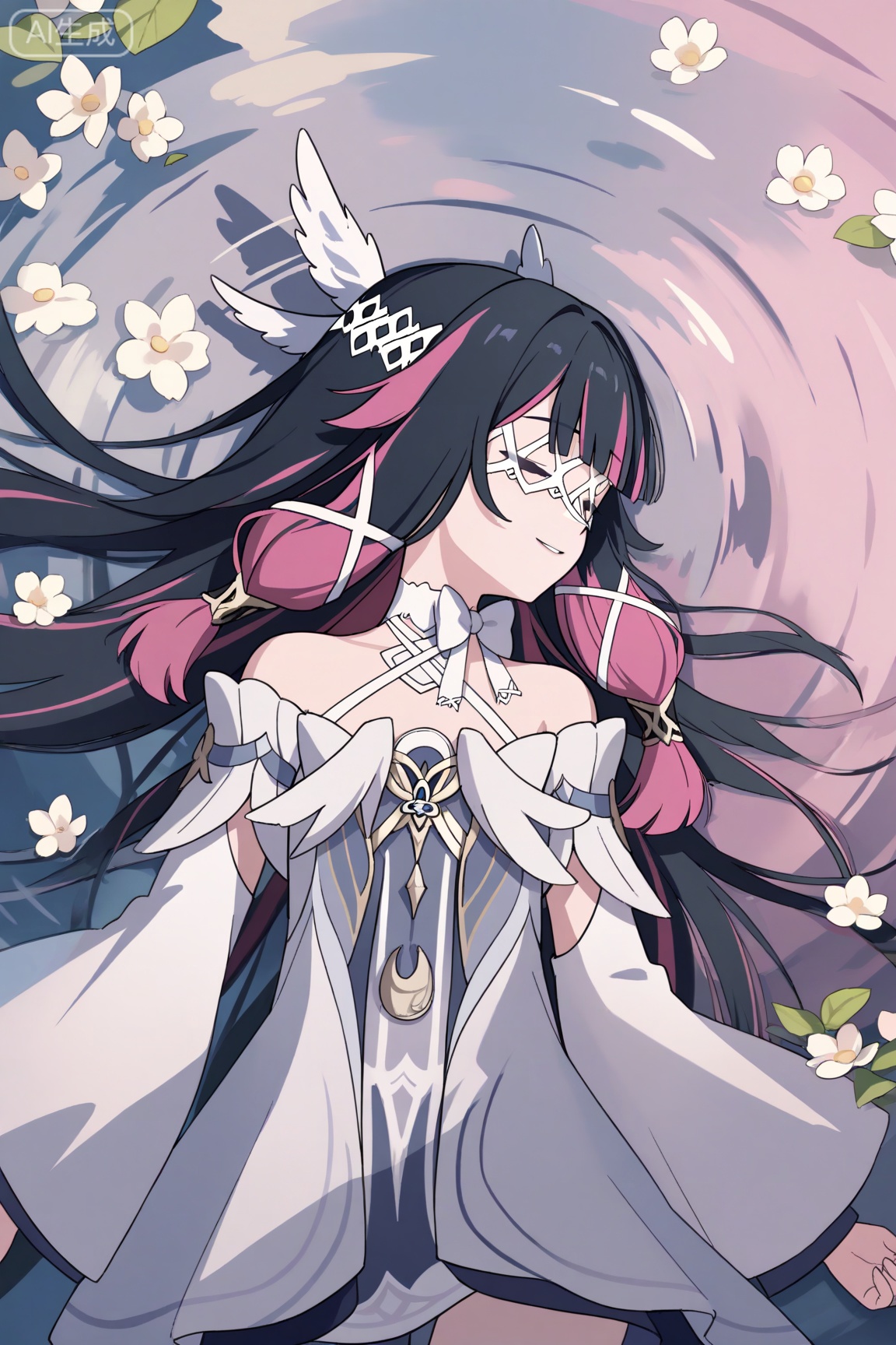 Columbina\(genshin impact\),1girl,black hair,solo,multicolored hair,flower,eye mask,closed eyes,long hair,lying,wing hair ornament,white dress,dress,water,streaked hair,pink hair,wings,two-tone hair,on back,blunt bangs,head wings,white flower,detached sleeves,smile,wide sleeves,white mask,
