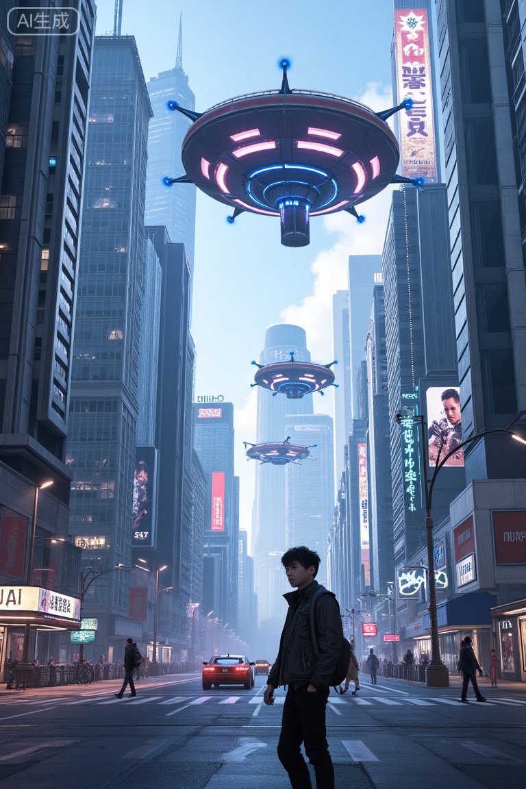 A young person in a futuristic sci-fi city street, with a curious and relaxed gaze wandering around (in a "strolling" style). Surrounding are rows of sci-fi buildings—streamlined glass - curtain skyscrapers reaching into the sky, with dynamic light - shadow advertisements covering the outer walls, and some buildings having glowing suspended support structures at the bottom. In the air, various flying cars shuttle in order, including round family - style ones and angular streamlined sports cars, with cold light flickering on their bodies. The ground street is paved with reflective materials, pedestrians are dressed in tech - style clothing, and there are holographic road signs and shop signs in the distance. The overall light is cool - toned, mixed with building lights and natural light, creating a futuristic and vibrant atmosphere.