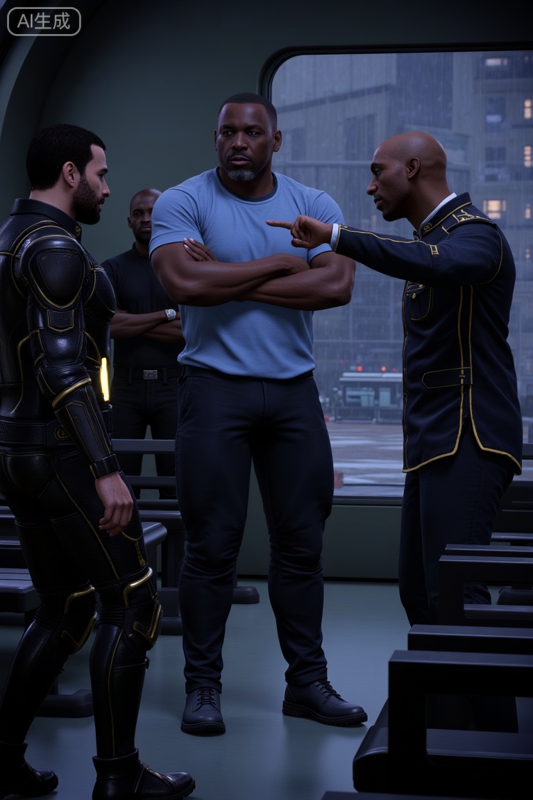 A scene from the video game Mass Effect. In a dimly lit, futuristic space station corridor that doubles as a grand office area, two men are arguing intensely. The man on the left has short dark hair, a beard, and wears a black tactical suit with gold accents and a glowing waist device. The man on the right, an older Black man, sports a dark blue uniform with gold trim and epaulets, pointing confrontationaly. Behind them, a muscular bodyguard in a light blue short-sleeve shirt and dark pants stands with arms crossed. Another figure in dark clothing is partially visible in the background. Rows of black benches and a large window with blinds reveal a rainy, futuristic urban landscape outside. The atmosphere is tense and dramatic, capturing a pivotal narrative moment.