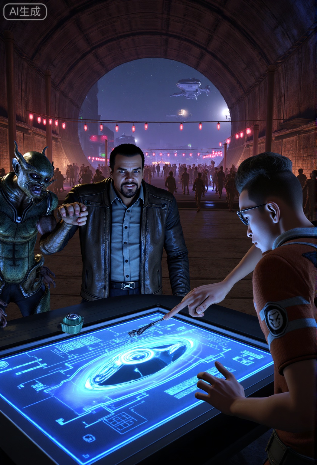 A scene from the video game Mass Effect. In a bustling, neon-lit alien marketplace tucked within a hollowed-out asteroid, three men are gathered around a holographic trade table. The central figure, a grizzled smuggler with a patch over his left eye and a weathered leather jacket, slams a fist on the table, holographic blue schematics of a stolen starship flickering above it. To his left, a sleek alien merchant with iridescent green skin and tendrils framing its face leans back, clicking its mandibles in amusement, claws tapping a small case of glowing energy crystals. On the right, a young human tech specialist in a faded orange jumpsuit leans in, pointing at a flaw in the schematics, his glasses reflecting the neon lights. Behind them, crowds of various alien species bustle—some with multiple eyes, others with exoskeletons—haggling over weapons and artifacts. The market walls are lined with rusted metal stalls, strings of bioluminescent lanterns casting green and pink glows, and a distant airlock hissing as a cargo ship docks. The air smells of ozone and exotic spices, buzzing with the chaotic energy of a black-market deal on the verge of turning sour.