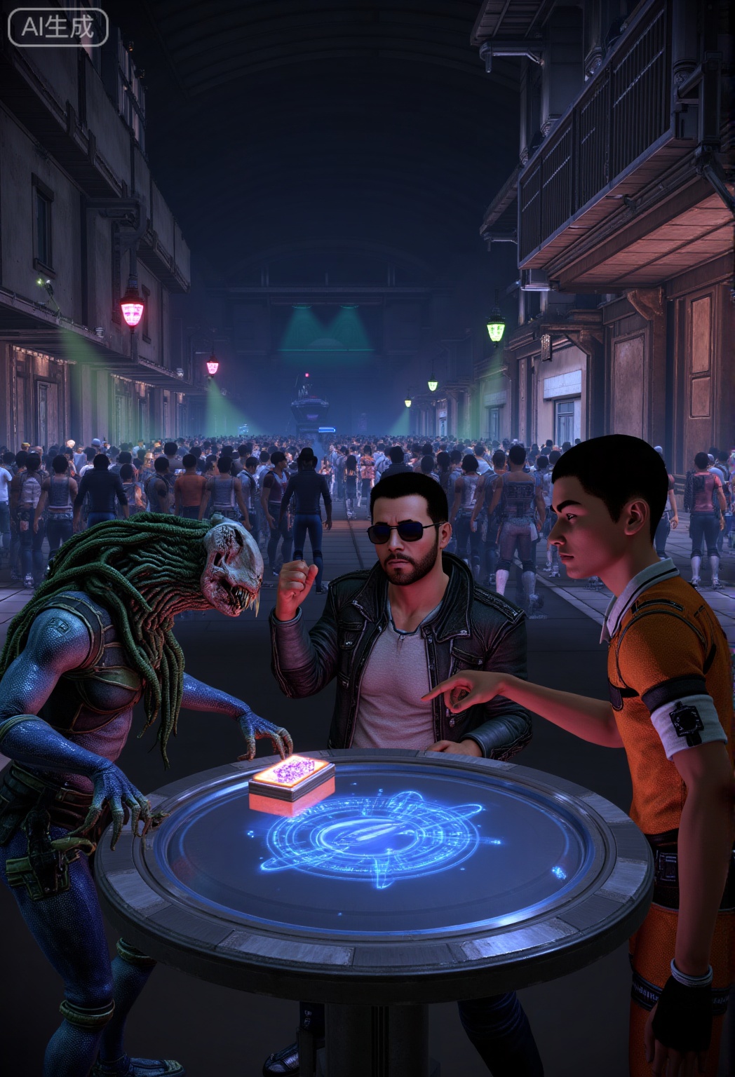 A scene from the video game Mass Effect. In a bustling, neon-lit alien marketplace tucked within a hollowed-out asteroid, three men are gathered around a holographic trade table. The central figure, a grizzled smuggler with a patch over his left eye and a weathered leather jacket, slams a fist on the table, holographic blue schematics of a stolen starship flickering above it. To his left, a sleek alien merchant with iridescent green skin and tendrils framing its face leans back, clicking its mandibles in amusement, claws tapping a small case of glowing energy crystals. On the right, a young human tech specialist in a faded orange jumpsuit leans in, pointing at a flaw in the schematics, his glasses reflecting the neon lights. Behind them, crowds of various alien species bustle—some with multiple eyes, others with exoskeletons—haggling over weapons and artifacts. The market walls are lined with rusted metal stalls, strings of bioluminescent lanterns casting green and pink glows, and a distant airlock hissing as a cargo ship docks. The air smells of ozone and exotic spices, buzzing with the chaotic energy of a black-market deal on the verge of turning sour.