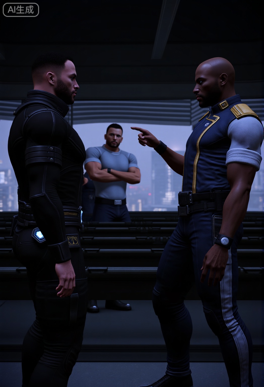 A scene from the video game Mass Effect. In a dimly lit, futuristic space station corridor that doubles as a grand office area, two men are arguing intensely. The man on the left has short dark hair, a beard, and wears a black tactical suit with gold accents and a glowing waist device. The man on the right, an older Black man, sports a dark blue uniform with gold trim and epaulets, pointing confrontationaly. Behind them, a muscular bodyguard in a light blue short-sleeve shirt and dark pants stands with arms crossed. Another figure in dark clothing is partially visible in the background. Rows of black benches and a large window with blinds reveal a rainy, futuristic urban landscape outside. The atmosphere is tense and dramatic, capturing a pivotal narrative moment.