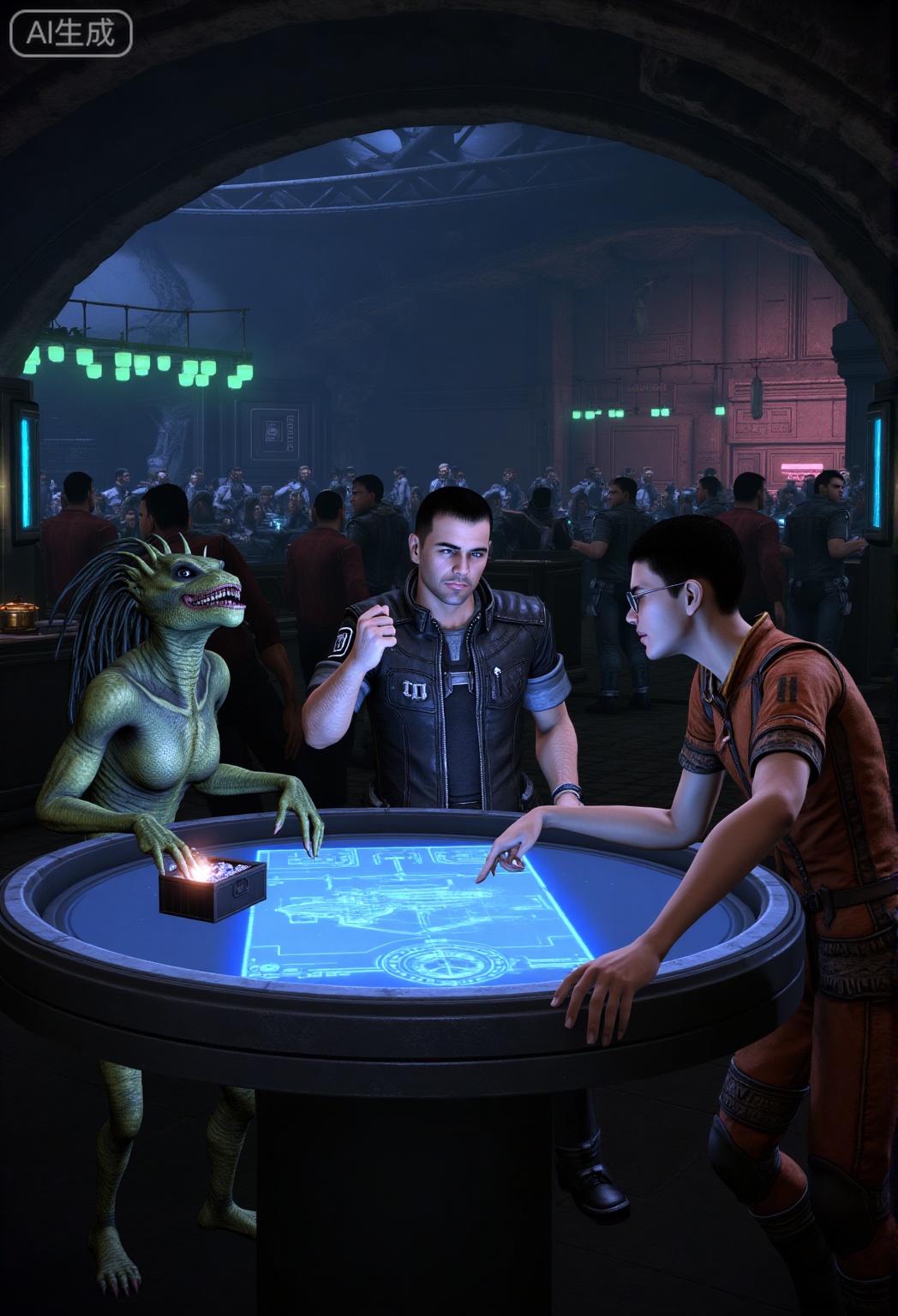 A scene from the video game Mass Effect. In a bustling, neon-lit alien marketplace tucked within a hollowed-out asteroid, three men are gathered around a holographic trade table. The central figure, a grizzled smuggler with a patch over his left eye and a weathered leather jacket, slams a fist on the table, holographic blue schematics of a stolen starship flickering above it. To his left, a sleek alien merchant with iridescent green skin and tendrils framing its face leans back, clicking its mandibles in amusement, claws tapping a small case of glowing energy crystals. On the right, a young human tech specialist in a faded orange jumpsuit leans in, pointing at a flaw in the schematics, his glasses reflecting the neon lights. Behind them, crowds of various alien species bustle—some with multiple eyes, others with exoskeletons—haggling over weapons and artifacts. The market walls are lined with rusted metal stalls, strings of bioluminescent lanterns casting green and pink glows, and a distant airlock hissing as a cargo ship docks. The air smells of ozone and exotic spices, buzzing with the chaotic energy of a black-market deal on the verge of turning sour.