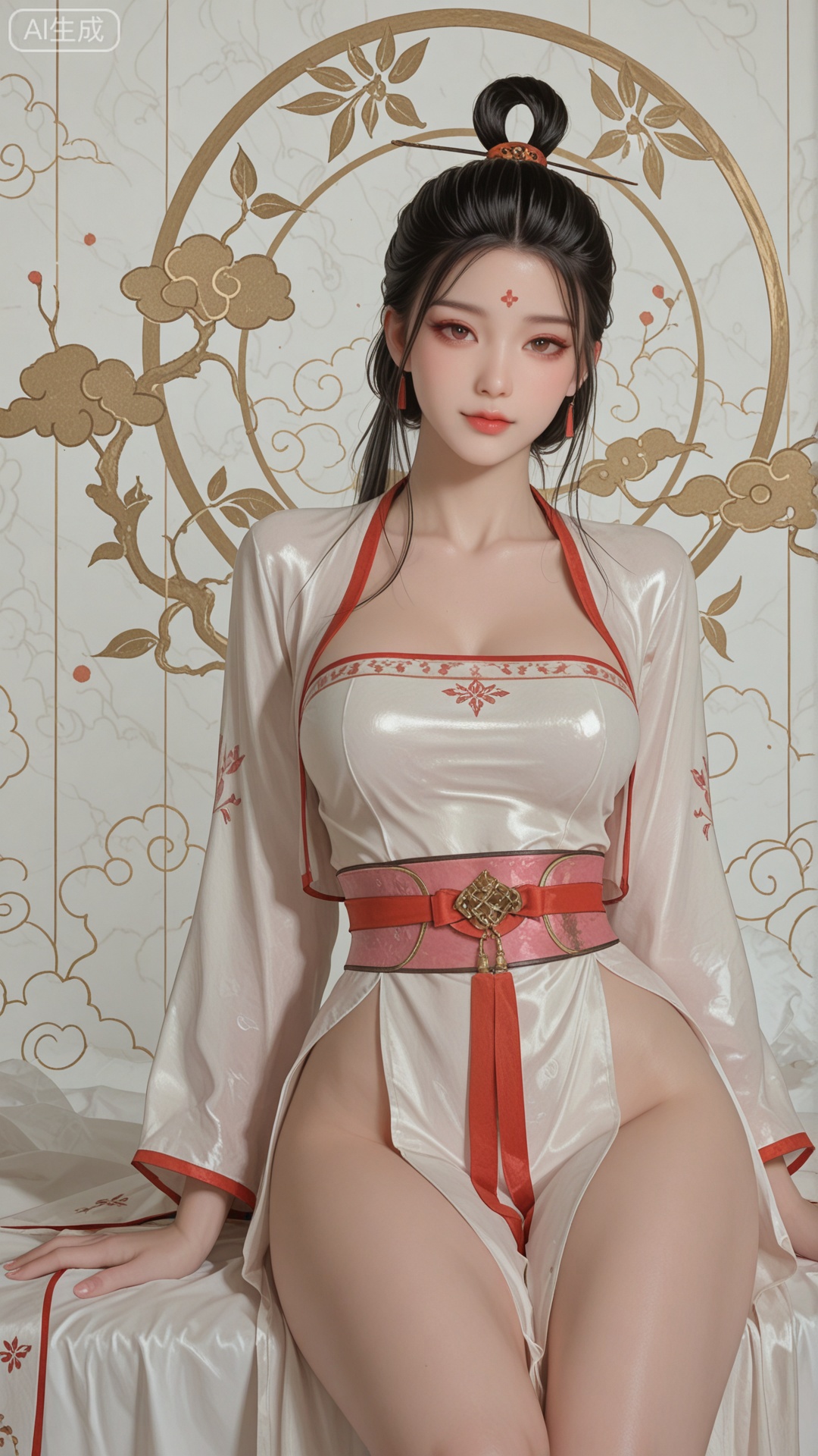 SN clothes, solo, exquisite skin, sitting, cowboy_shot, looking at viewer, even illumination, very awa, Solid Glossy and cloud background,