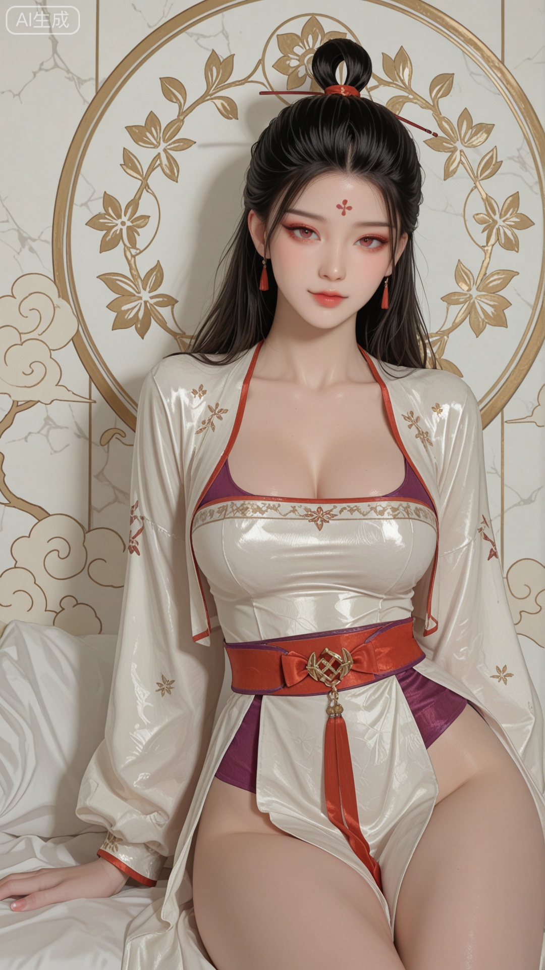 SN clothes, solo, exquisite skin, sitting, cowboy_shot, looking at viewer, even illumination, very awa, Solid Glossy and cloud background,