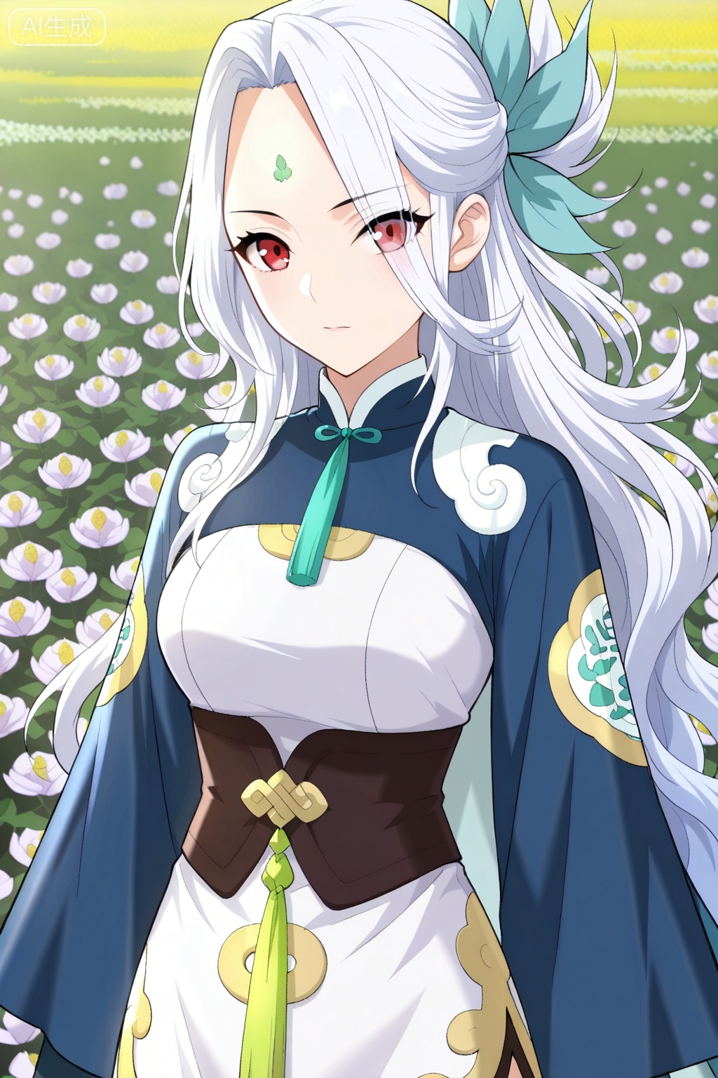 flower field,flower field,



upper body,looking at viewer,

药灵,masterpiece,best quality,official art,extremely detailed CG unity 8k wallpaper,1girl, solo, long white hair, wavy hair, side ponytail, half updo, red eyes, forehead mark, one hair strand sticking up, anime stylechinese dress, short dress, blue and white dress, 



long wide sleeves, blue sleeves, dark waist corset, emblem on sleeve, decorated dress hem, cape-like cloth behind, ornamental design, blue ribbon hair accessory,
