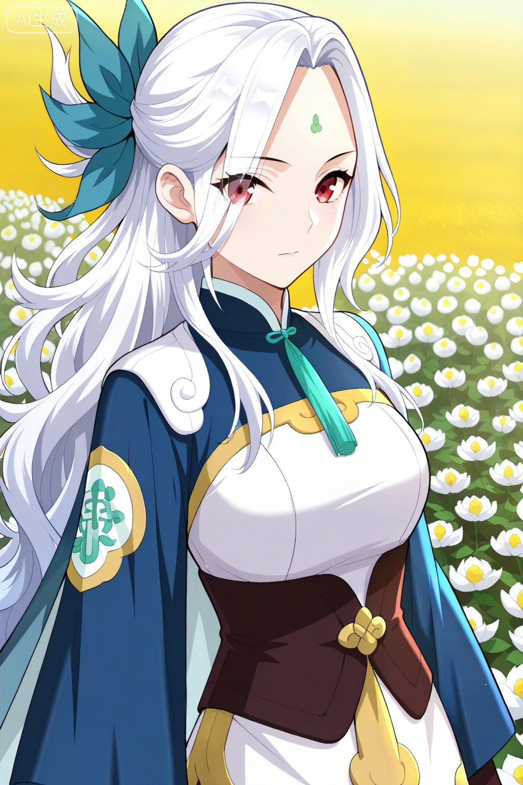 flower field,flower field,



upper body,looking at viewer,

药灵,masterpiece,best quality,official art,extremely detailed CG unity 8k wallpaper,1girl, solo, long white hair, wavy hair, side ponytail, half updo, red eyes, forehead mark, one hair strand sticking up, anime stylechinese dress, short dress, blue and white dress, 



long wide sleeves, blue sleeves, dark waist corset, emblem on sleeve, decorated dress hem, cape-like cloth behind, ornamental design, blue ribbon hair accessory,
