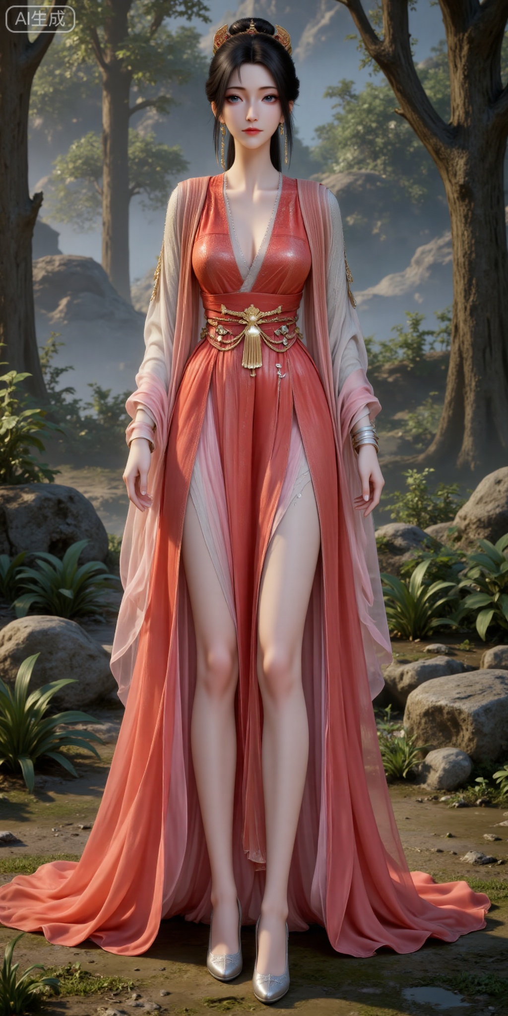 jewelry,blue eyes,earrings,black hair,realistic,hair ornament,lips,long hair,closed mouth,collarbone,
1girl, solo, outdoors, dress, red dress,  chinese clothes, black hair, full body,  bare legs, breasts, realistic,high heels, legs,long legs,lying,
lvjing,pifu,guanghuapifu,
blurry_background,tree,flowes,mupeiling