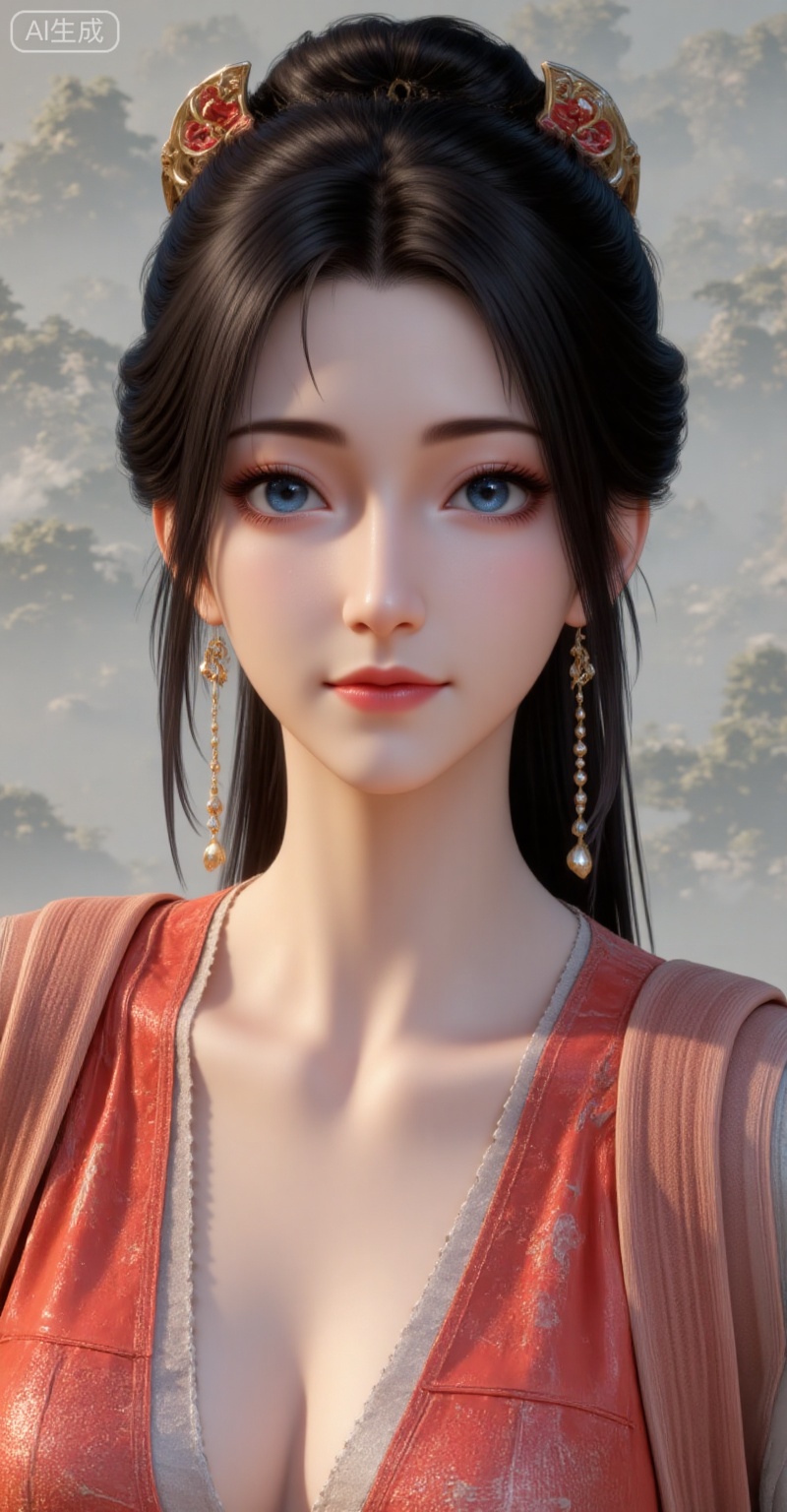 1girl, solo, jewelry, blue eyes, earrings, breasts, white background, cleavage, black hair, simple background, realistic, upper body, hair ornament, looking at viewer, lips, long hair, chinese clothes, closed mouth, collarbone, medium breasts,
lvjing,pifu,guanghuapifu,
blurry_background,tree,flowes,mupeiling