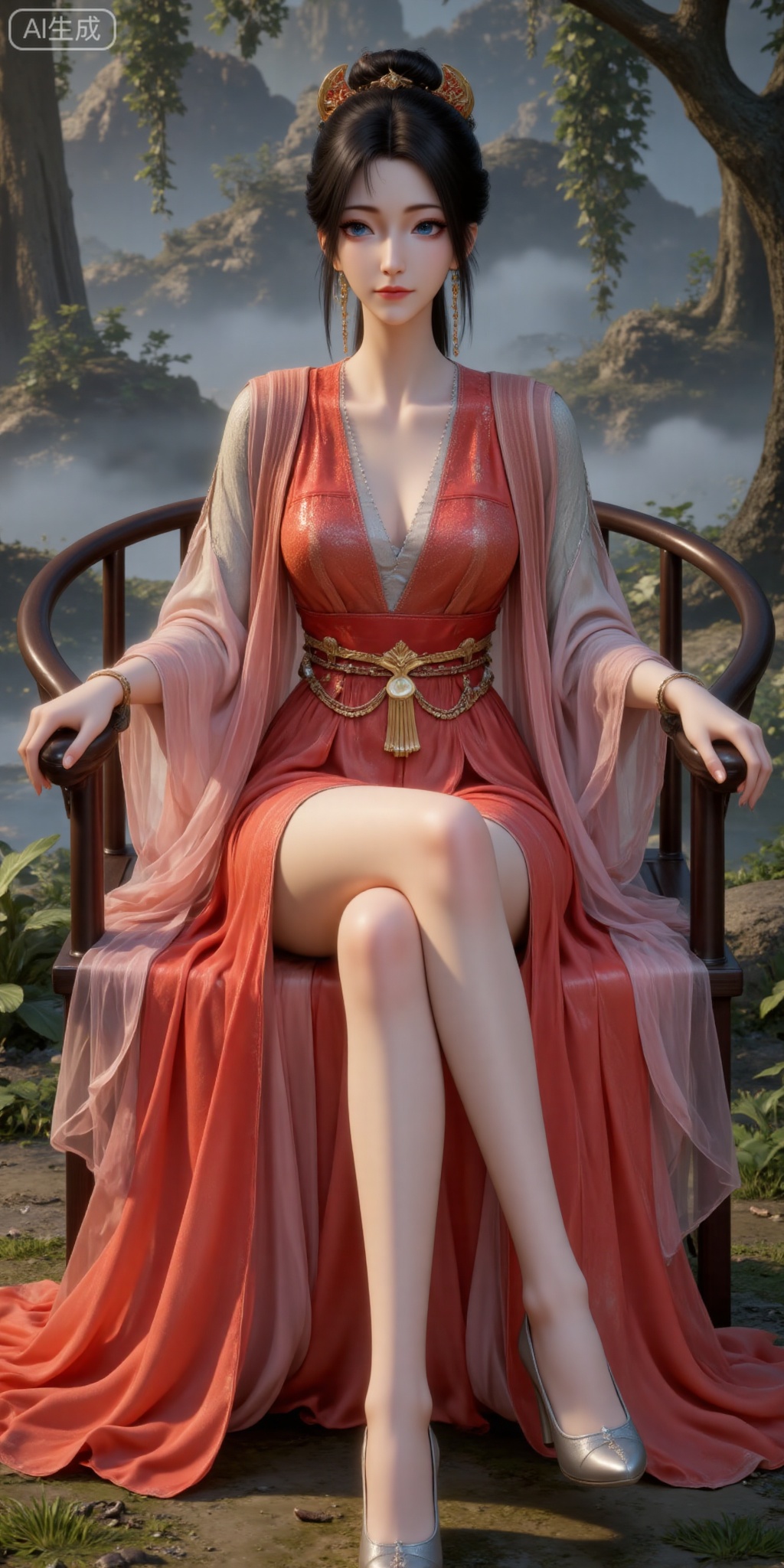 jewelry,blue eyes,earrings,black hair,realistic,hair ornament,lips,long hair,closed mouth,collarbone,
1girl, solo, outdoors, dress, red dress,  chinese clothes, black hair, full body,  bare legs, breasts, realistic,high heels, legs,long legs,chair,sitting,
lvjing,pifu,guanghuapifu,
blurry_background,tree,flowes,mupeiling