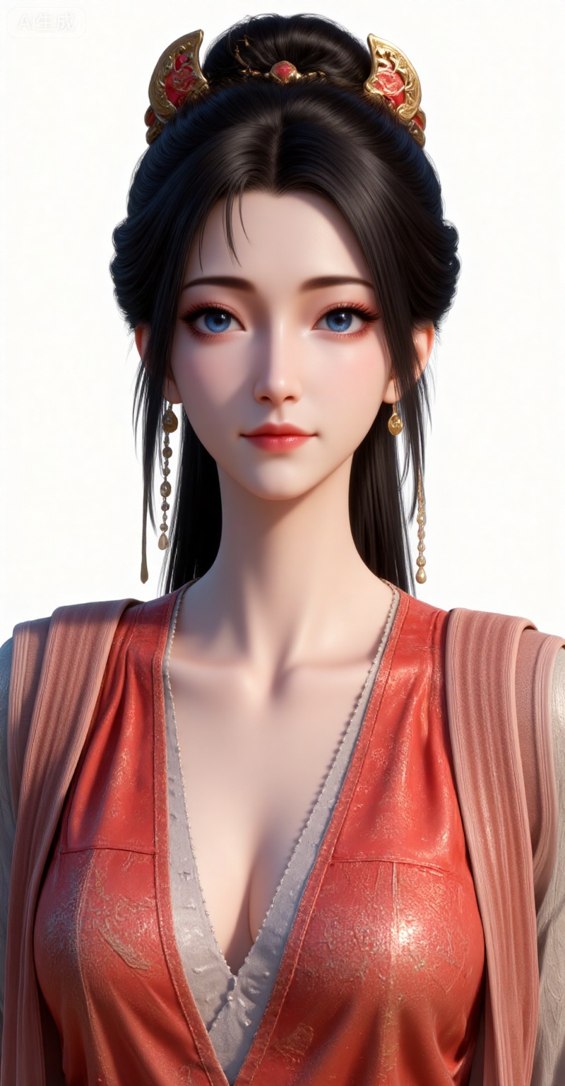 1girl, solo, jewelry, blue eyes, earrings, breasts, white background, cleavage, black hair, simple background, realistic, upper body, hair ornament, looking at viewer, lips, long hair, chinese clothes, closed mouth, collarbone, medium breasts,
lvjing,pifu,guanghuapifu,
blurry_background,tree,flowes,mupeiling