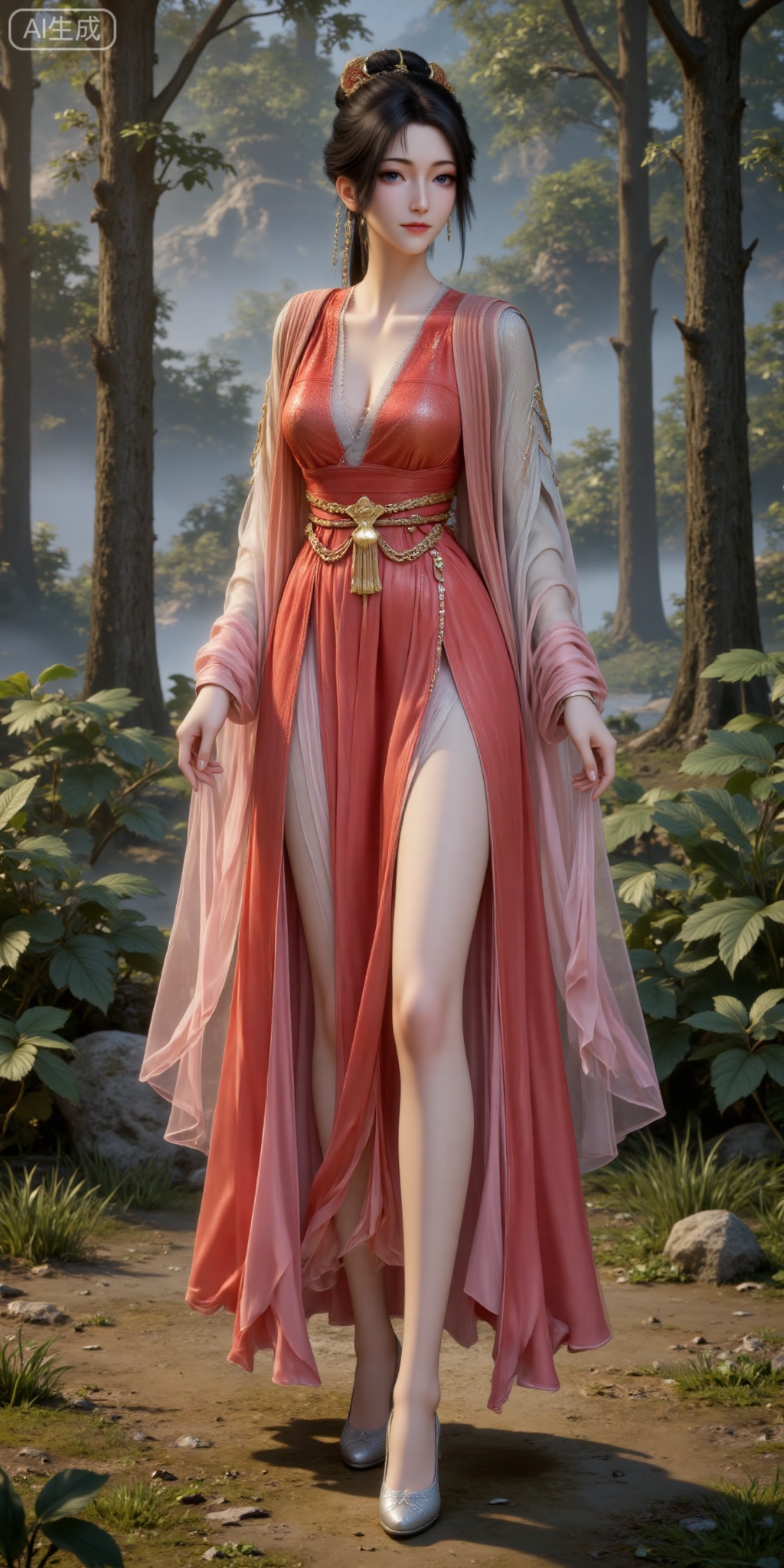 jewelry,blue eyes,earrings,black hair,realistic,hair ornament,lips,long hair,closed mouth,collarbone,
1girl, solo, outdoors, dress, red dress,  chinese clothes, black hair, full body,  bare legs, breasts, realistic,high heels, legs,long legs,lying,
lvjing,pifu,guanghuapifu,
blurry_background,tree,flowes,mupeiling