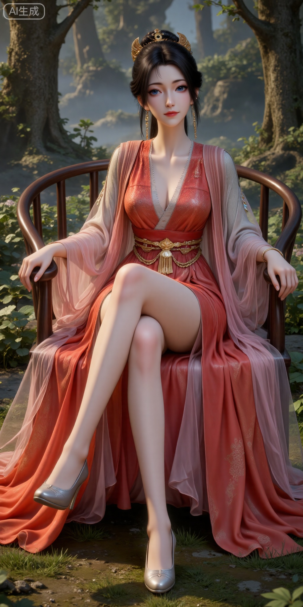 jewelry,blue eyes,earrings,black hair,realistic,hair ornament,lips,long hair,closed mouth,collarbone,
1girl, solo, outdoors, dress, red dress,  chinese clothes, black hair, full body,  bare legs, breasts, realistic,high heels, legs,long legs,chair,sitting,
lvjing,pifu,guanghuapifu,
blurry_background,tree,flowes,mupeiling