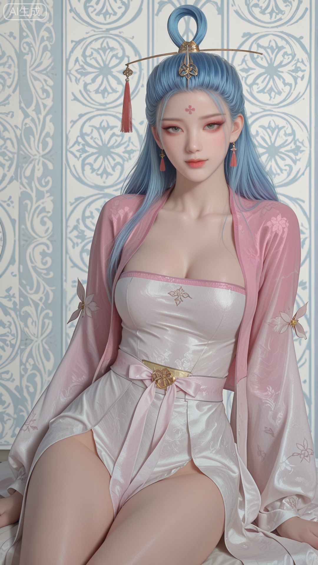 SN clothes, solo, exquisite skin, sitting, cowboy_shot, looking at viewer, even illumination, very awa, Solid Blue and white aperture
 background,