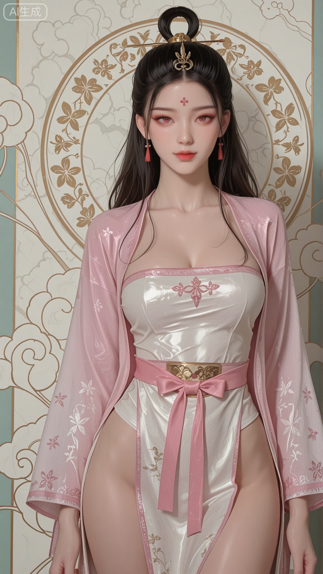 SN clothes, solo, exquisite skin, standing, cowboy_shot, looking at viewer, even illumination, very awa, Solid Glossy and cloud background,