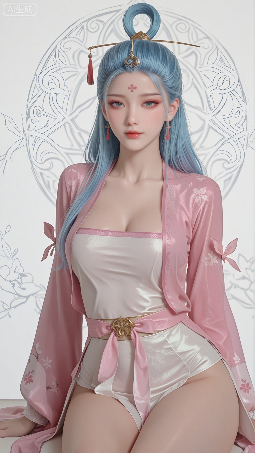 SN clothes, solo, exquisite skin, sitting, cowboy_shot, looking at viewer, even illumination, very awa, Solid Blue and white aperture
 background,