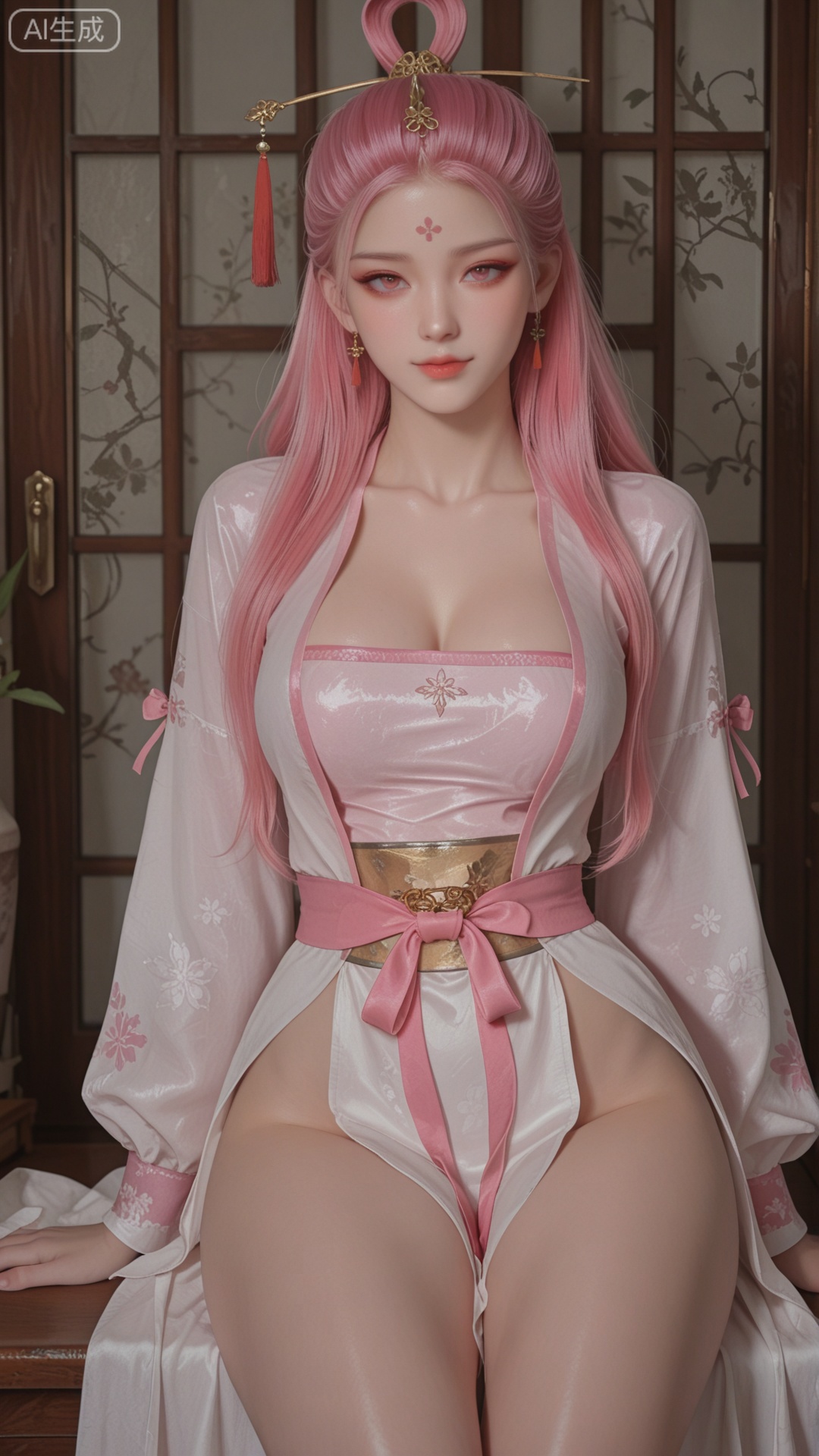 SN clothes, pink_hair, solo, exquisite skin, sitting, cowboy_shot, looking at viewer, even illumination, very awa