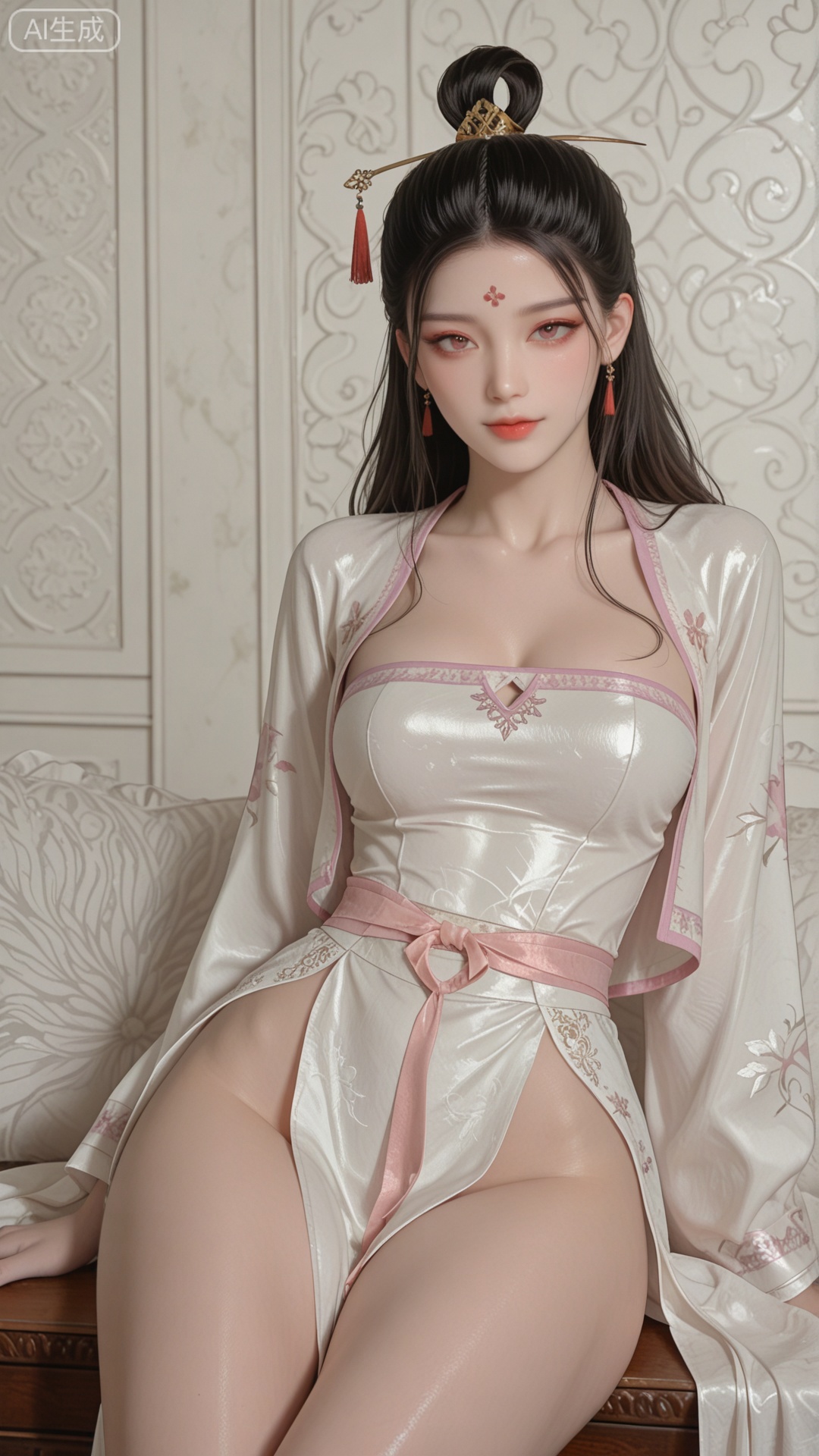 SN clothes, solo, exquisite skin, sitting, cowboy_shot, looking at viewer, even illumination, very awa, Solid Glossy and cloud background,