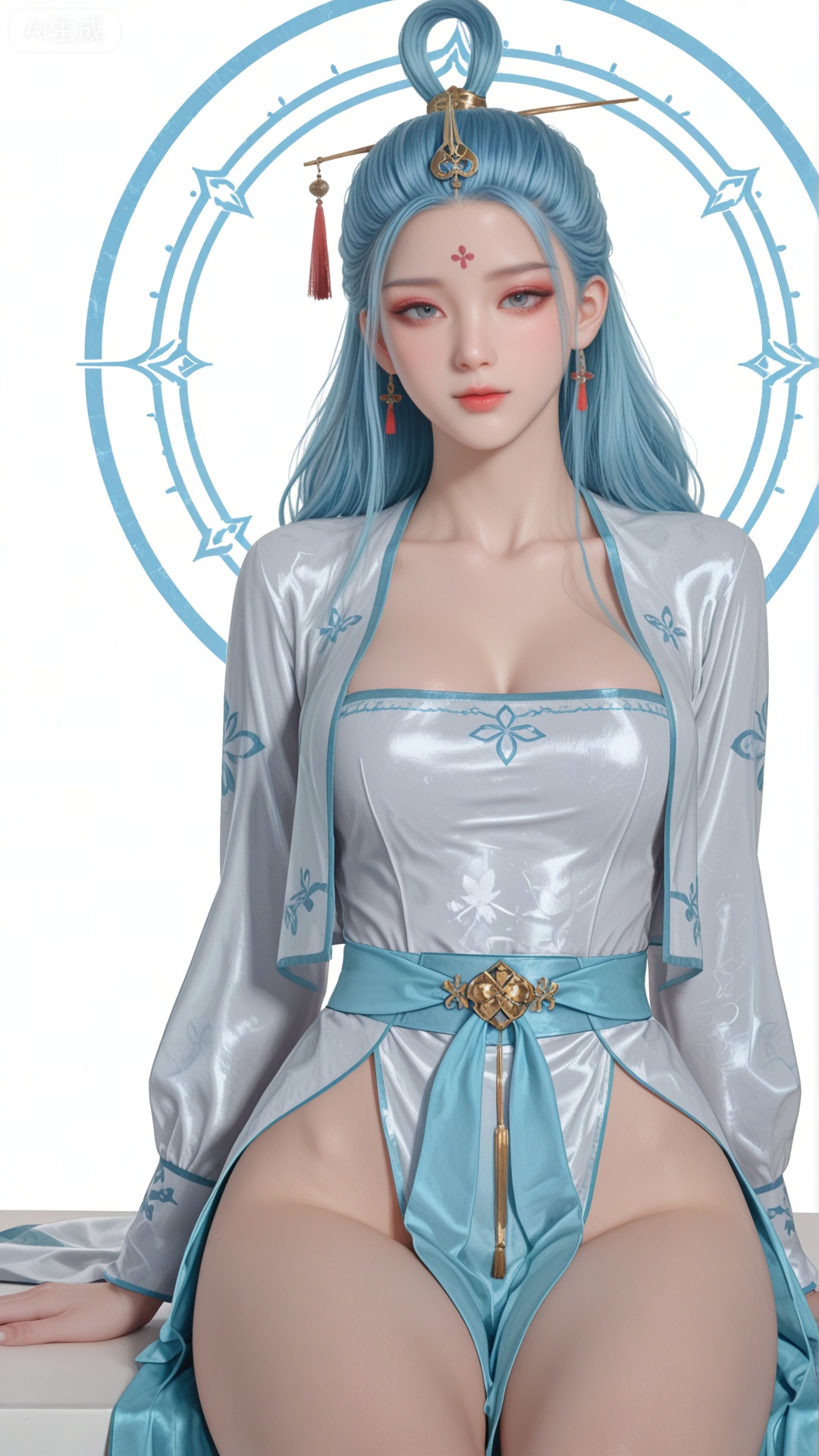 SN clothes, solo, exquisite skin, sitting, cowboy_shot, looking at viewer, even illumination, very awa, Solid Blue and white aperture
 background,