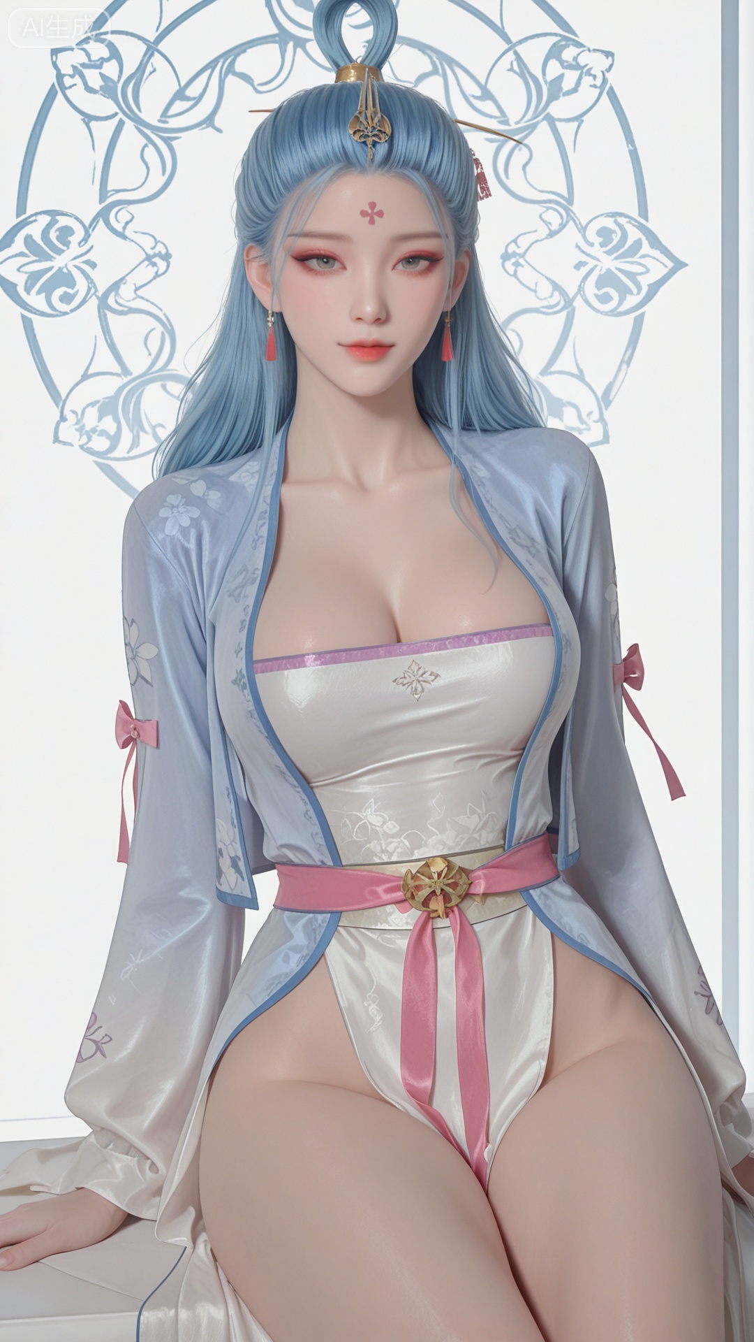 SN clothes, solo, exquisite skin, sitting, cowboy_shot, looking at viewer, even illumination, very awa, Solid Blue and white aperture
 background,