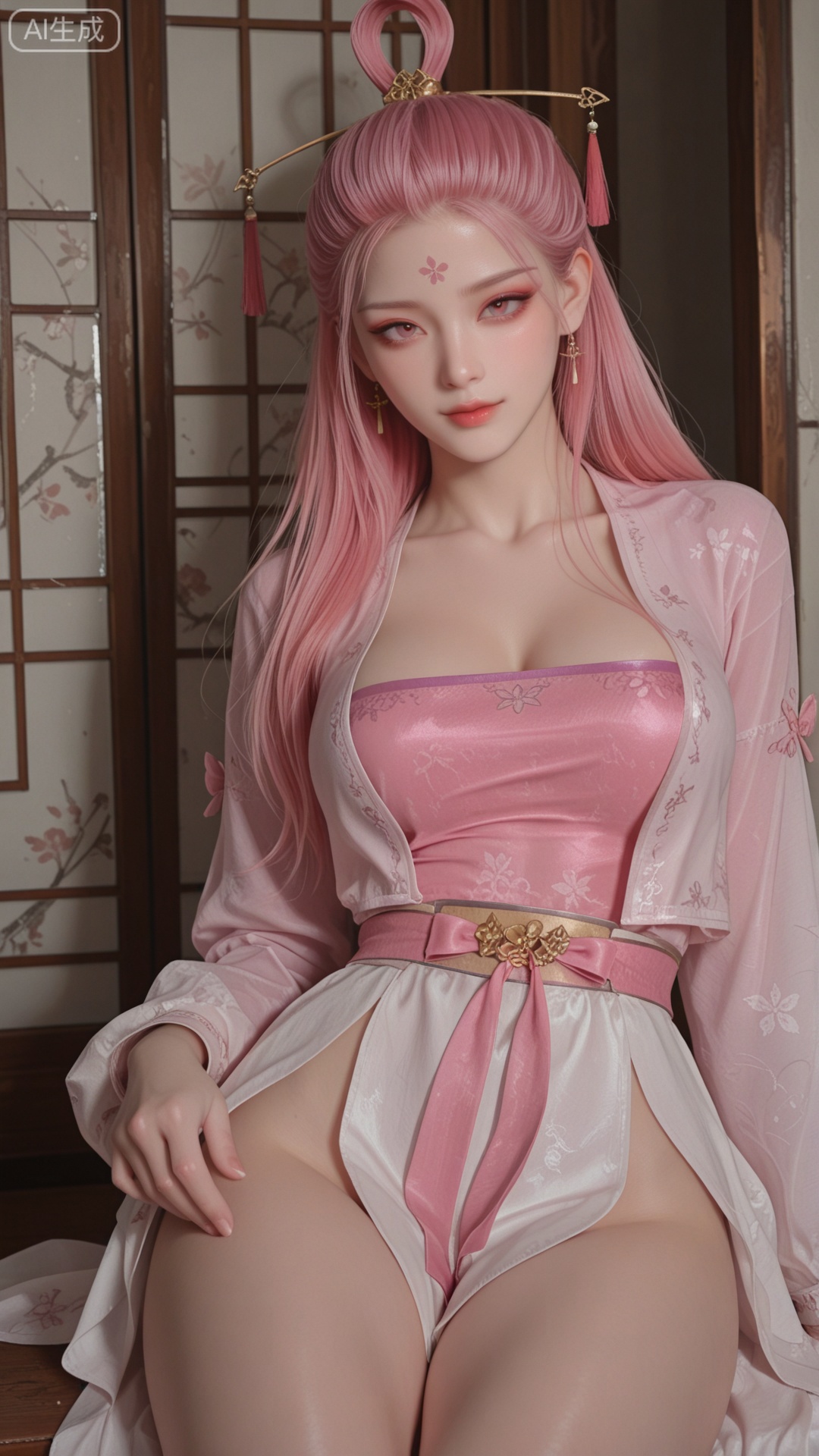 SN clothes, pink_hair, solo, exquisite skin, sitting, cowboy_shot, looking at viewer, even illumination, very awa