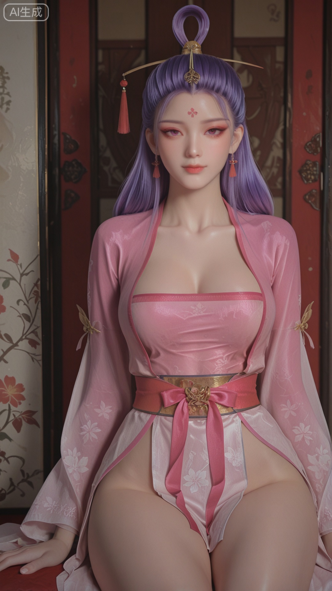 SN clothes, Purple_hair, solo, exquisite skin, sitting, cowboy_shot, looking at viewer, even illumination, very awa