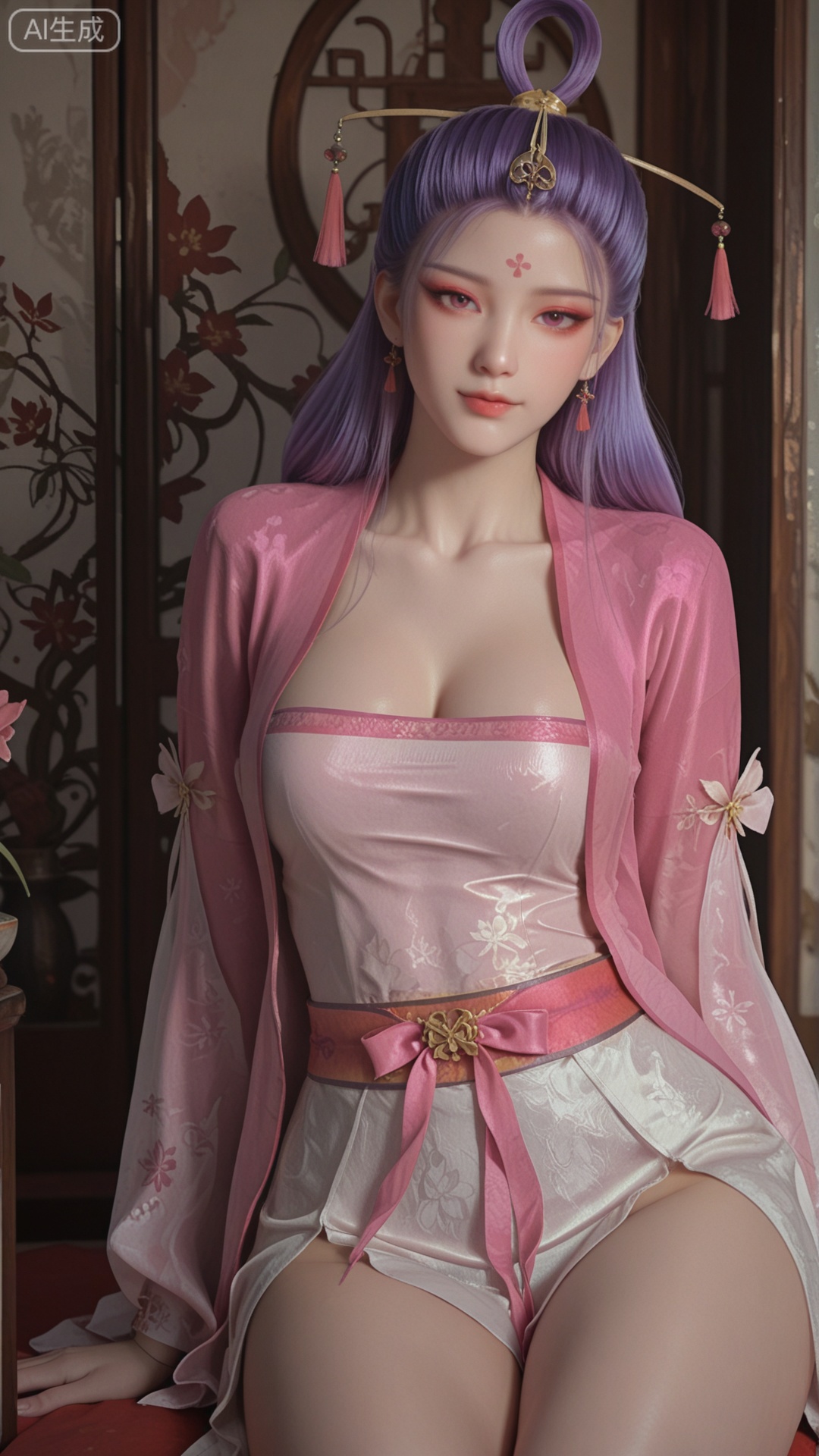 SN clothes, Purple_hair, solo, exquisite skin, sitting, cowboy_shot, looking at viewer, even illumination, very awa