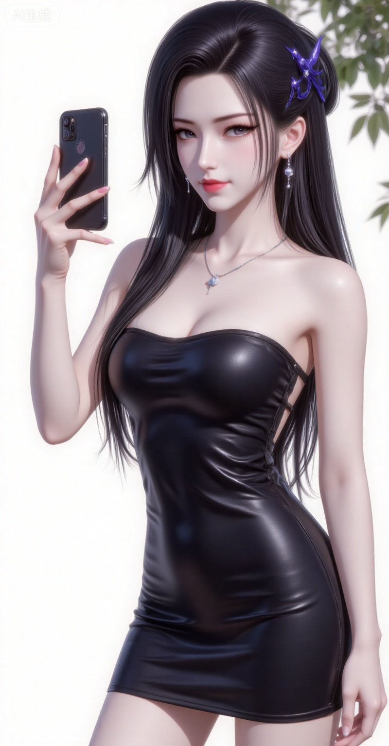 1girl,solo,earrings,hair ornament,jewelry,white background,black hair,long hair,looking at viewer,closed mouth,
1girl,solo,dress,holding,bare shoulders,jewelry,medium breasts,necklace,black dress,strapless,phone,short dress,cellphone,strapless dress,smartphone,holding phone,selfie,pencil dress, , 
lvjing,pifu,guanghuapifu,
blurry_background,tree,flowes,mingzhufuren,piyi