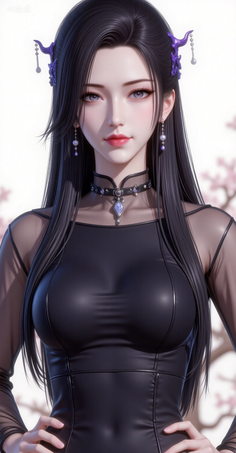 1girl,solo,earrings,hair ornament,jewelry,white background,black hair,long hair,looking at viewer,closed mouth,
1girl,solo,jewelry,earrings,see-through,dress,upper body,black dress,hand on own hip,breasts,see-through sleeves, 
lvjing,pifu,guanghuapifu,
blurry_background,tree,flowes,mingzhufuren