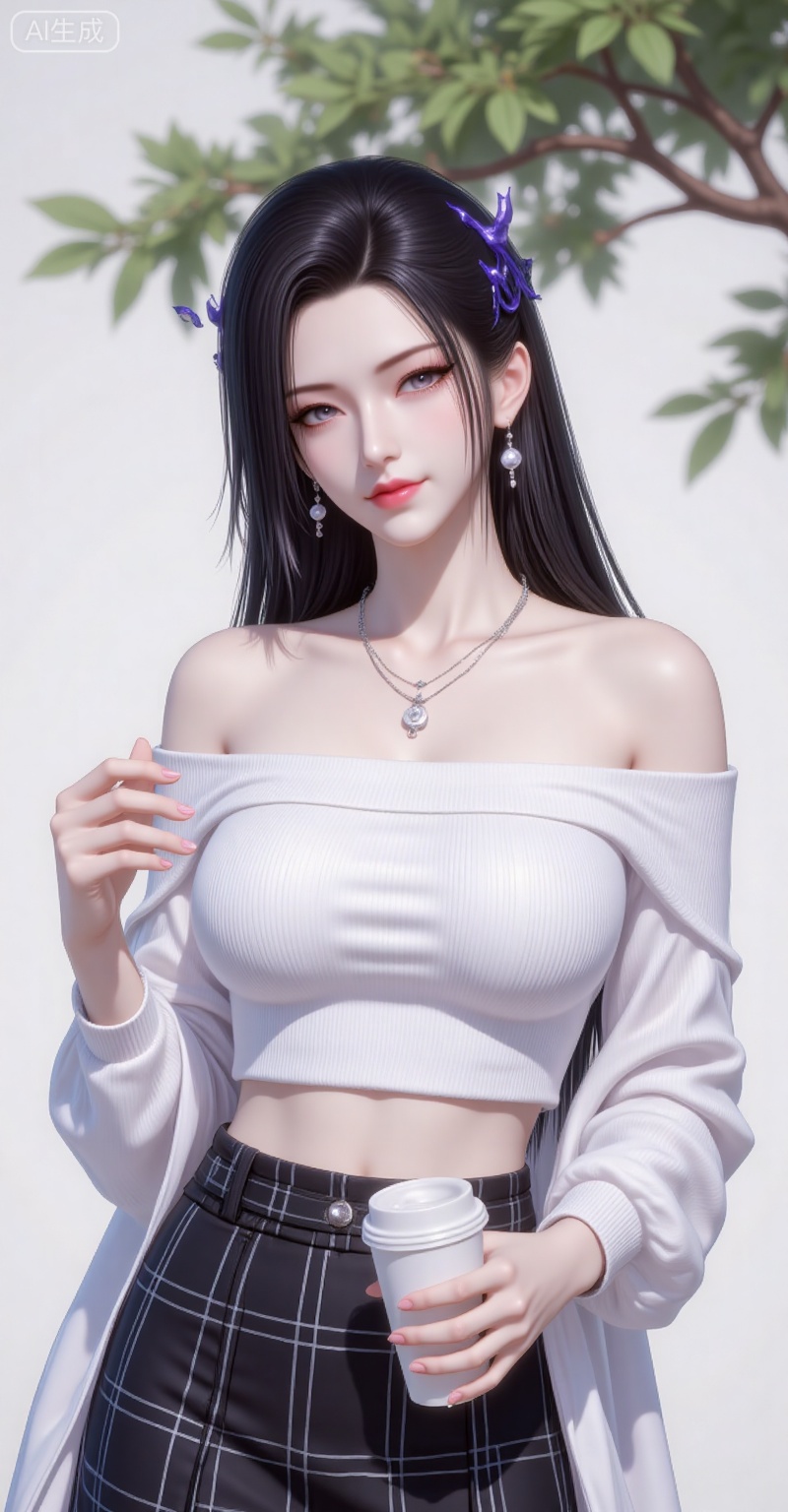 1girl,solo,earrings,hair ornament,jewelry,white background,black hair,long hair,looking at viewer,closed mouth,
1girl,solo,skirt,off shoulder,off-shoulder sweater,jewelry,white sweater,necklace,cup,bare shoulders,holding,sweater,disposable cup,breasts,black skirt,plaid skirt,collarbone,plaid,blurry background,crop top,holding cup,blurry,midriff,long sleeves,large breasts,
lvjing,pifu,guanghuapifu,
blurry_background,tree,flowes,mingzhufuren