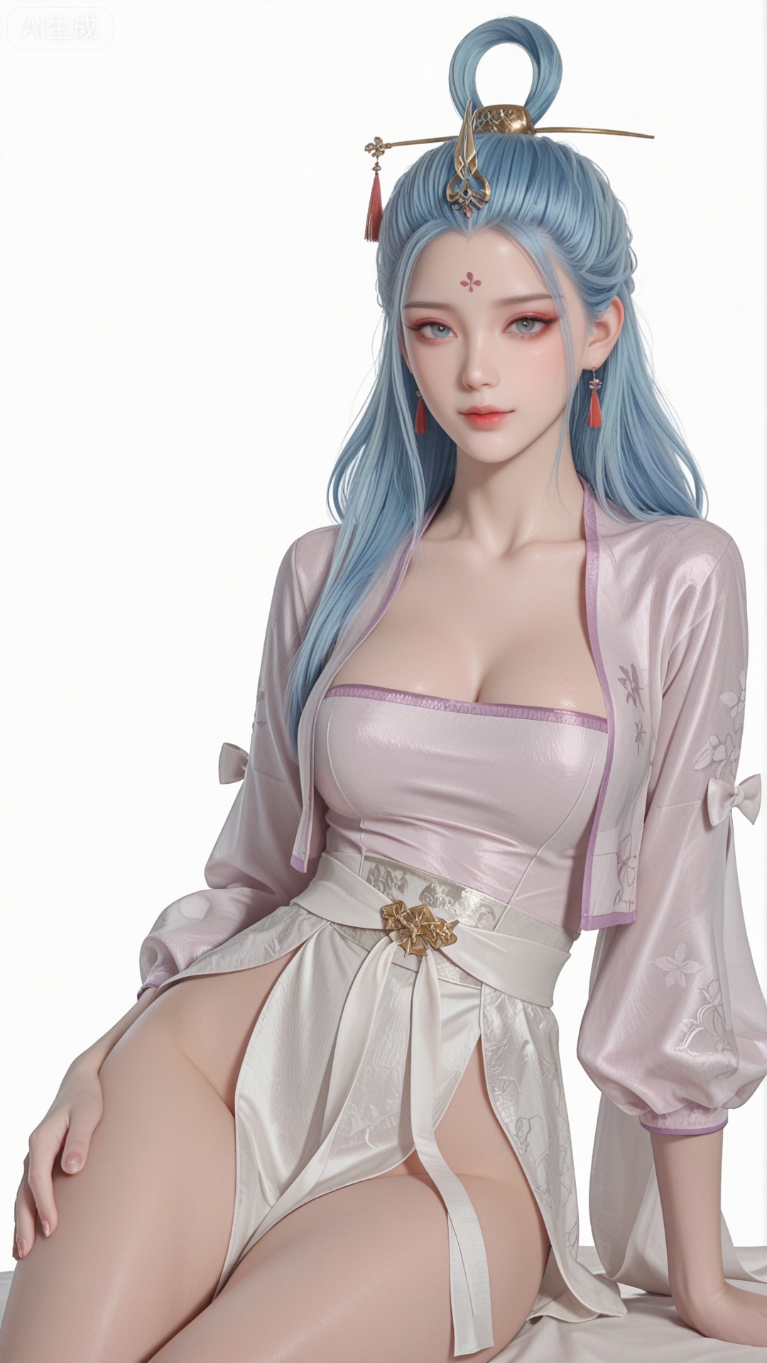 SN clothes, solo, exquisite skin, sitting, cowboy_shot, looking at viewer, even illumination, very awa, Solid Blue and white aperture
 background,