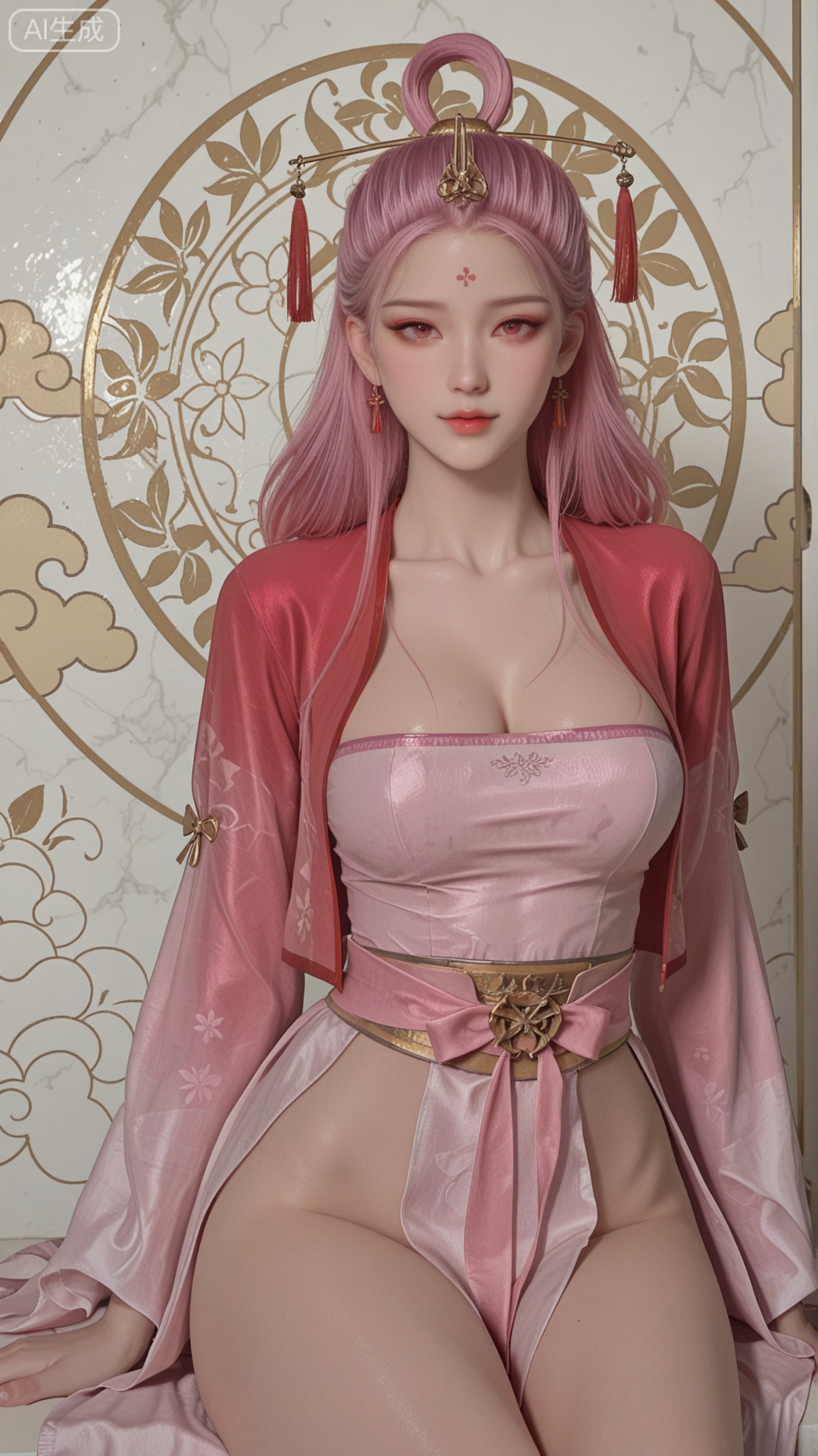 SN clothes, solo, exquisite skin, sitting, cowboy_shot, looking at viewer, even illumination, very awa, Solid Glossy and cloud background,