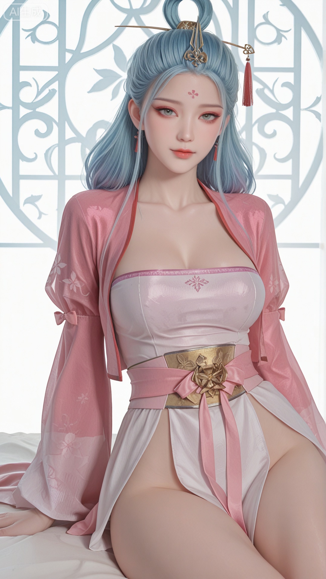 SN clothes, solo, exquisite skin, sitting, cowboy_shot, looking at viewer, even illumination, very awa, Solid Blue and white aperture
 background,