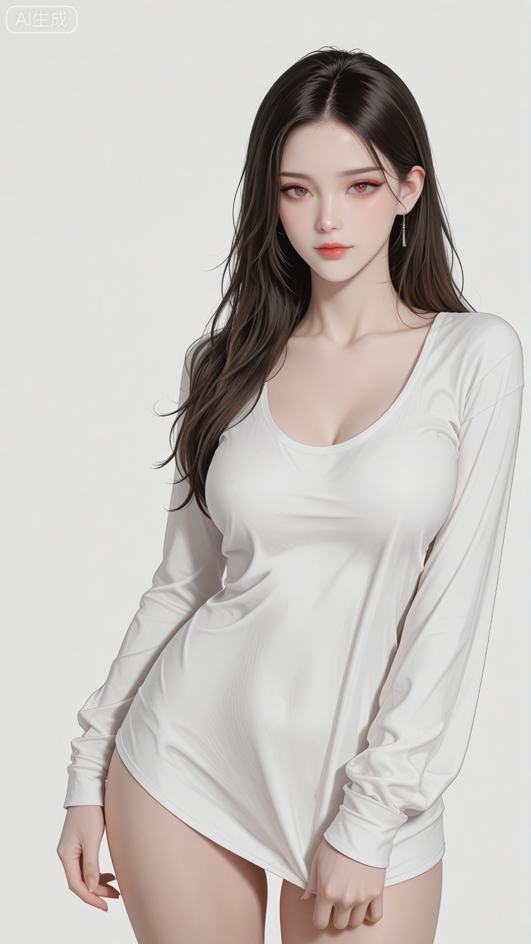 1girl, shirt, solo, exquisite skin, cowboy_shot, looking at viewer, even illumination, very awa, simple background