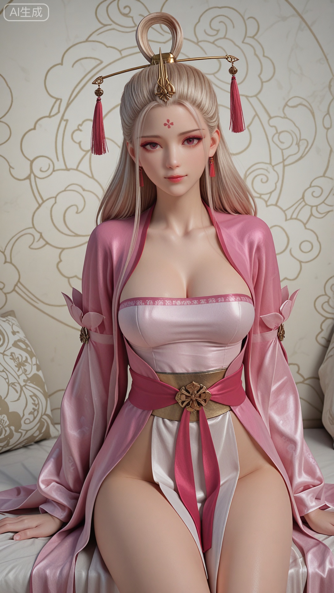 SN clothes, solo, exquisite skin, sitting, cowboy_shot, looking at viewer, even illumination, very awa, Solid Glossy and cloud background,