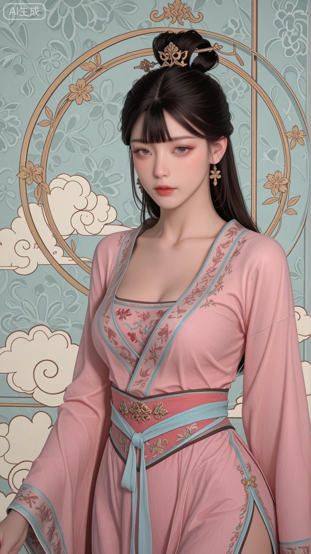 YN clothes, solo, exquisite skin, cowboy_shot, looking at viewer, even illumination, very awa, Solid Glossy and cloud background,