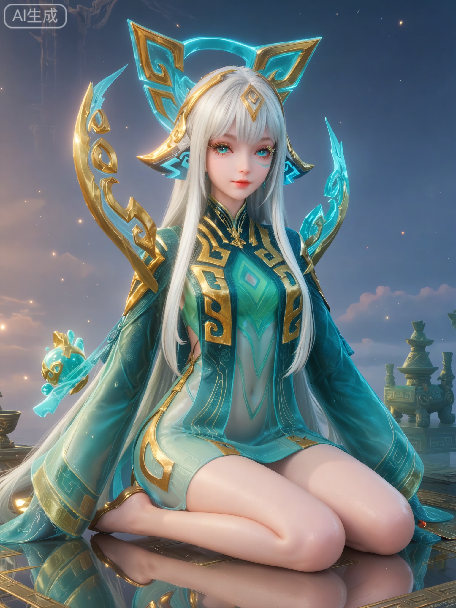 score_9,score_8_up,score_7_up,1girl,solo.looking_at_viewer,realistic,photorealistic,1girl,solo,Vivid Colors,bright environment,shiny skin,shiny hairjewelry,detail eyes,Eyes highlights,extreme detail description,(full body:0.8),light,glowing,sunshine,bright,reflection,bright,sunshine on face,shiny,shinny,petite,thin,leg slimming,lose weight,slim hips,lakeside,delicate water,reflection,sitting_down,bracelet,chinese clothes,eyelashes,floating object,halo,instrument,sleeves past wrists,