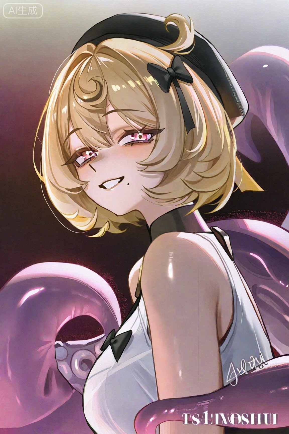 Yidhari\(ZenlessZoneZero\), 1girl, tentacles, smile, blonde hair, solo, mole, mole under mouth, looking at viewer, breasts, short hair, virtual youtuber, hat, large breasts, white shirt, black headwear, from side, bare shoulders, upper body, beret, pink eyes, shirt, black bow, grin, sleeveless, artist name, sleeveless shirt, purple eyes