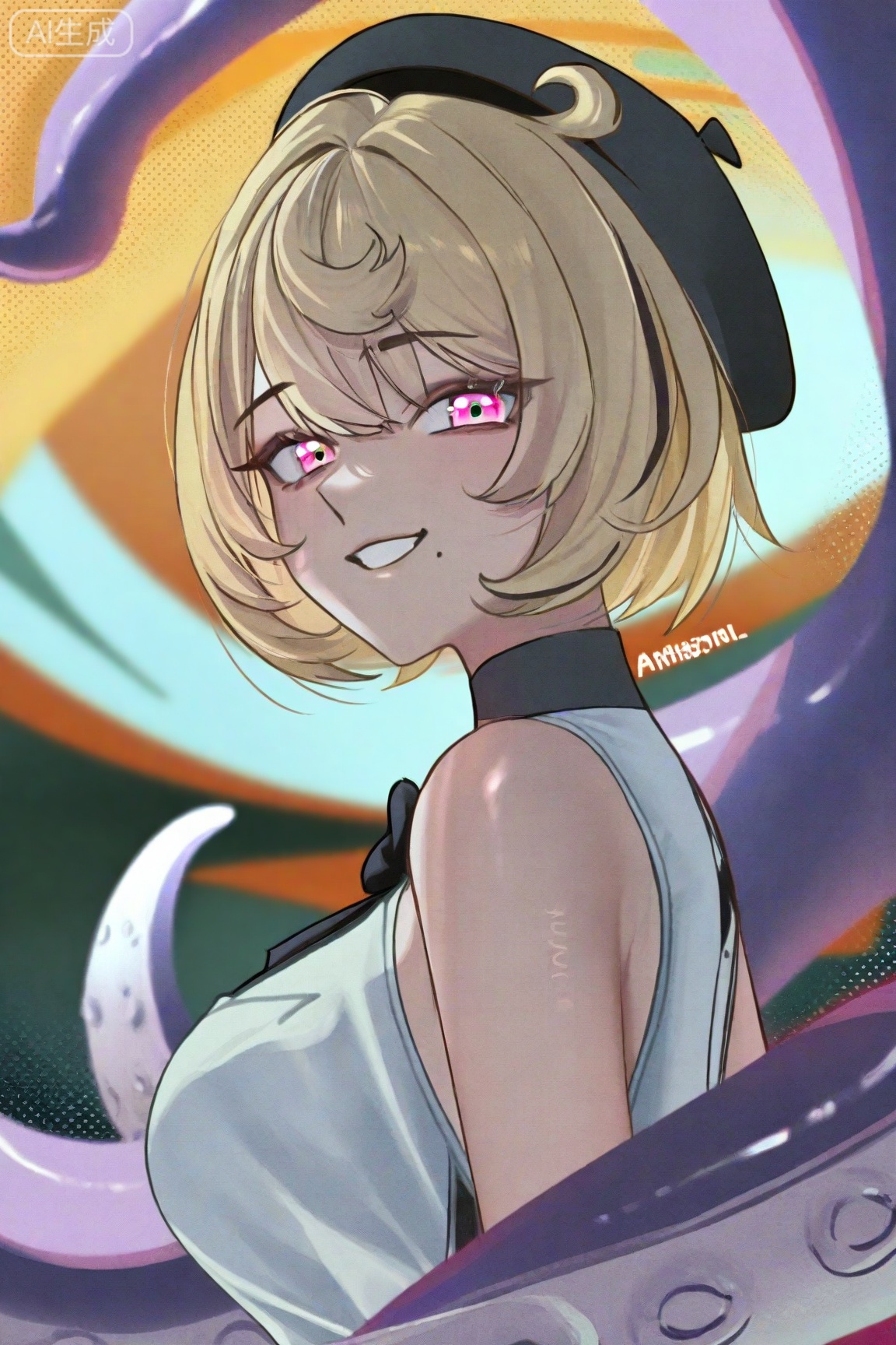 Yidhari\(ZenlessZoneZero\), 1girl, tentacles, smile, blonde hair, solo, mole, mole under mouth, looking at viewer, breasts, short hair, virtual youtuber, hat, large breasts, white shirt, black headwear, from side, bare shoulders, upper body, beret, pink eyes, shirt, black bow, grin, sleeveless, artist name, sleeveless shirt, purple eyes
